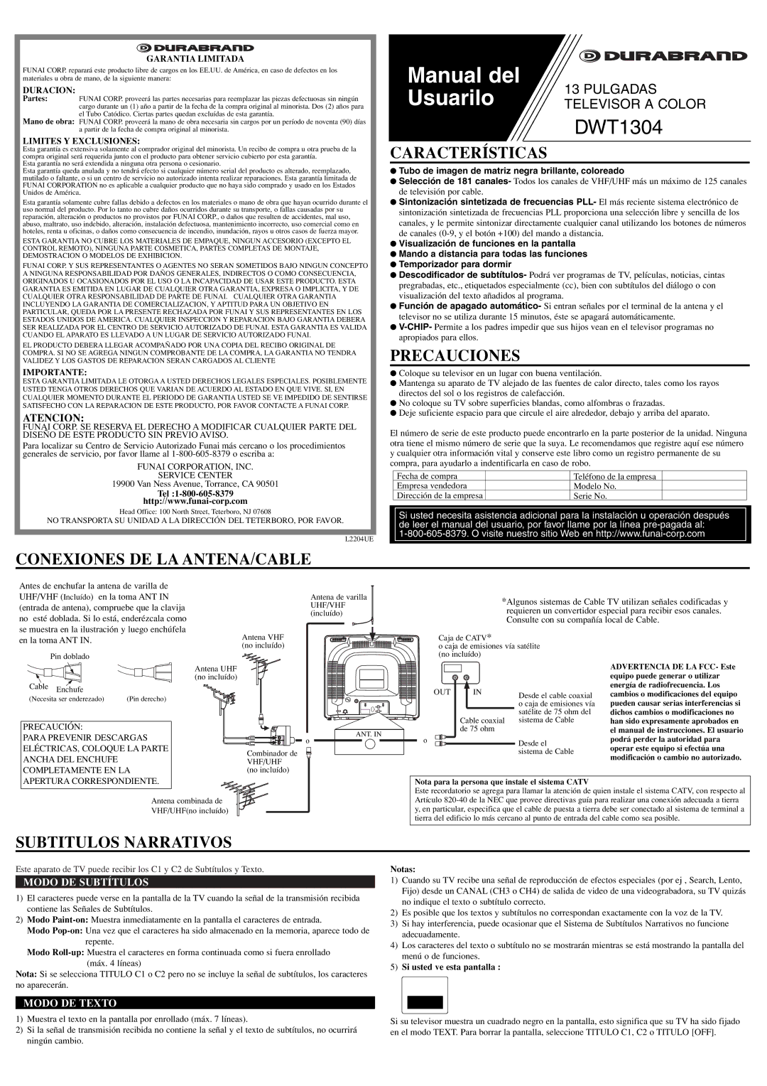 FUNAI DWT1304 owner manual Características, Precauciones, Conexiones DE LA ANTENA/CABLE, Subtitulos Narrativos 