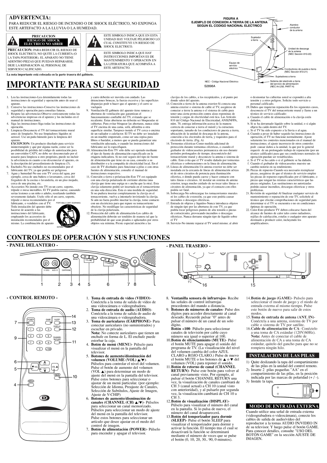 FUNAI DWT1304 owner manual Panel Trasero, Instalacion DE LAS Pilas, Modo DE Entrada Externa 