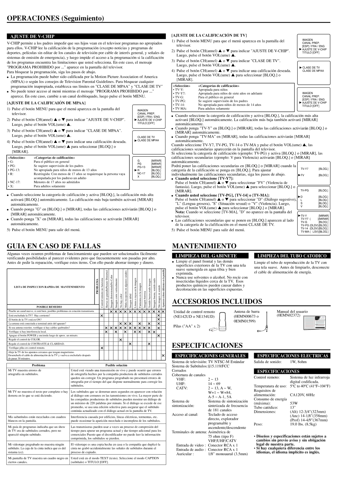 FUNAI DWT1304 Operaciones Seguimiento, Guia EN Caso DE Fallas, Mantenimiento, Accesorios Incluidos, Especificaciones 