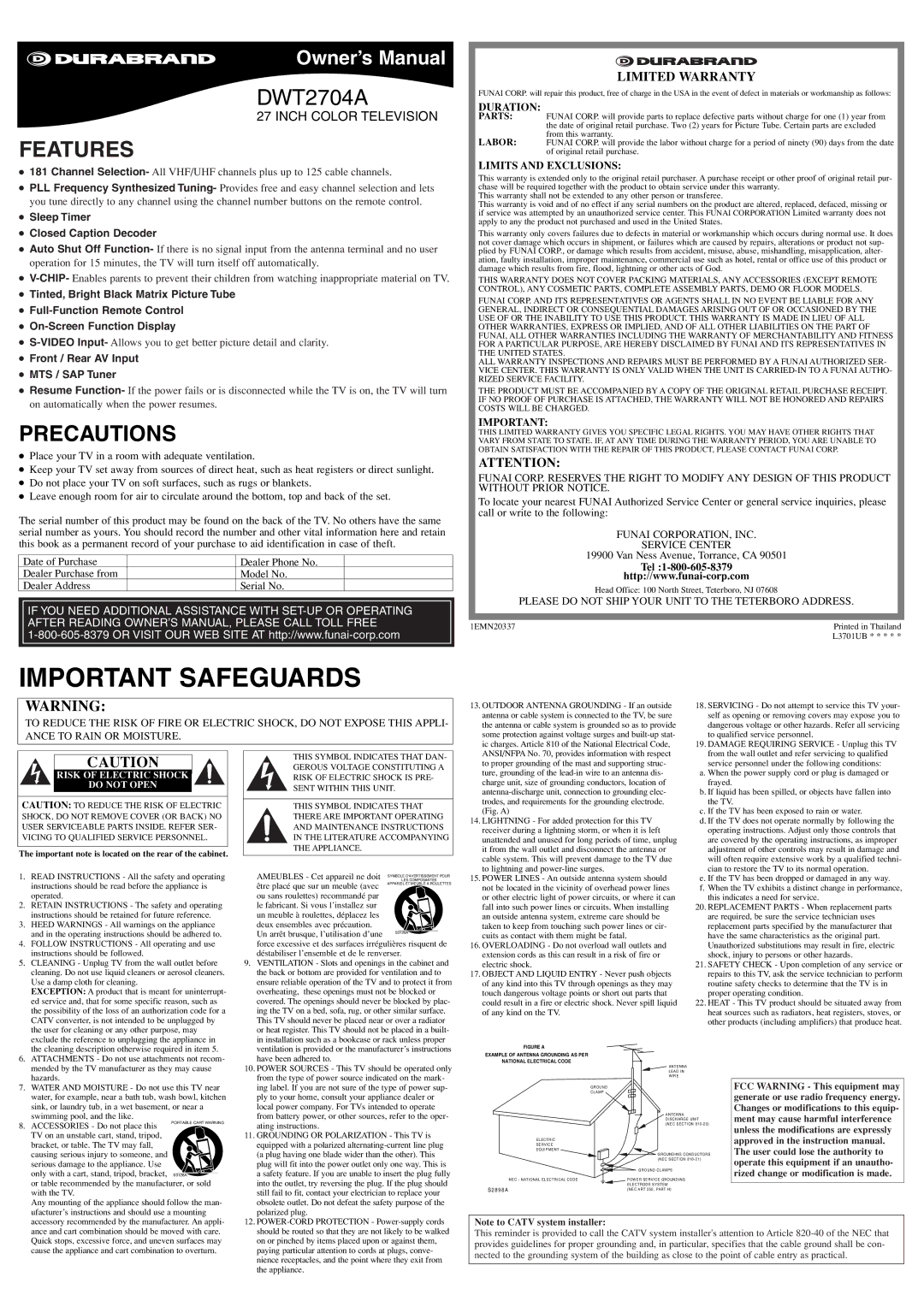 FUNAI DWT2704A owner manual Features, Precautions, Limited Warranty, Sleep Timer Closed Caption Decoder 