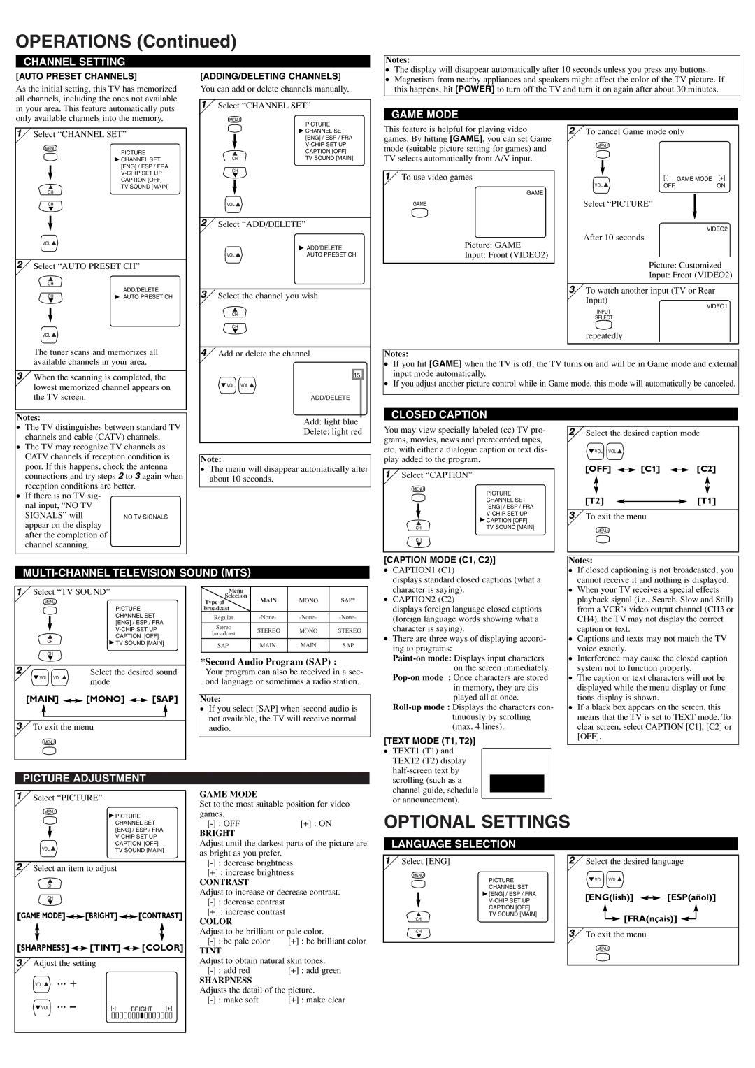 FUNAI DWT2704A owner manual Operations, Optional Settings 