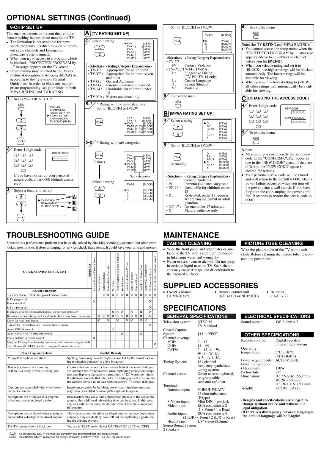 FUNAI DWT2704A owner manual Optional Settings, Troubleshooting Guide, Maintenance, Specifications 