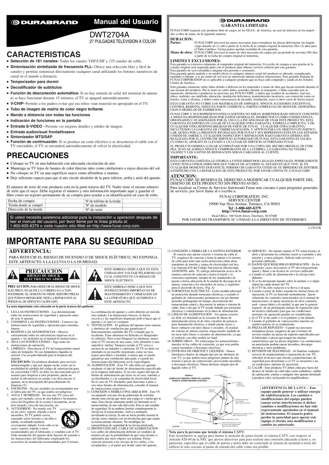 FUNAI DWT2704A Caracteristicas, Precauciones, Atencion, Entrada audiovisual frontal/trasera Sintonizador MTS/SAP 