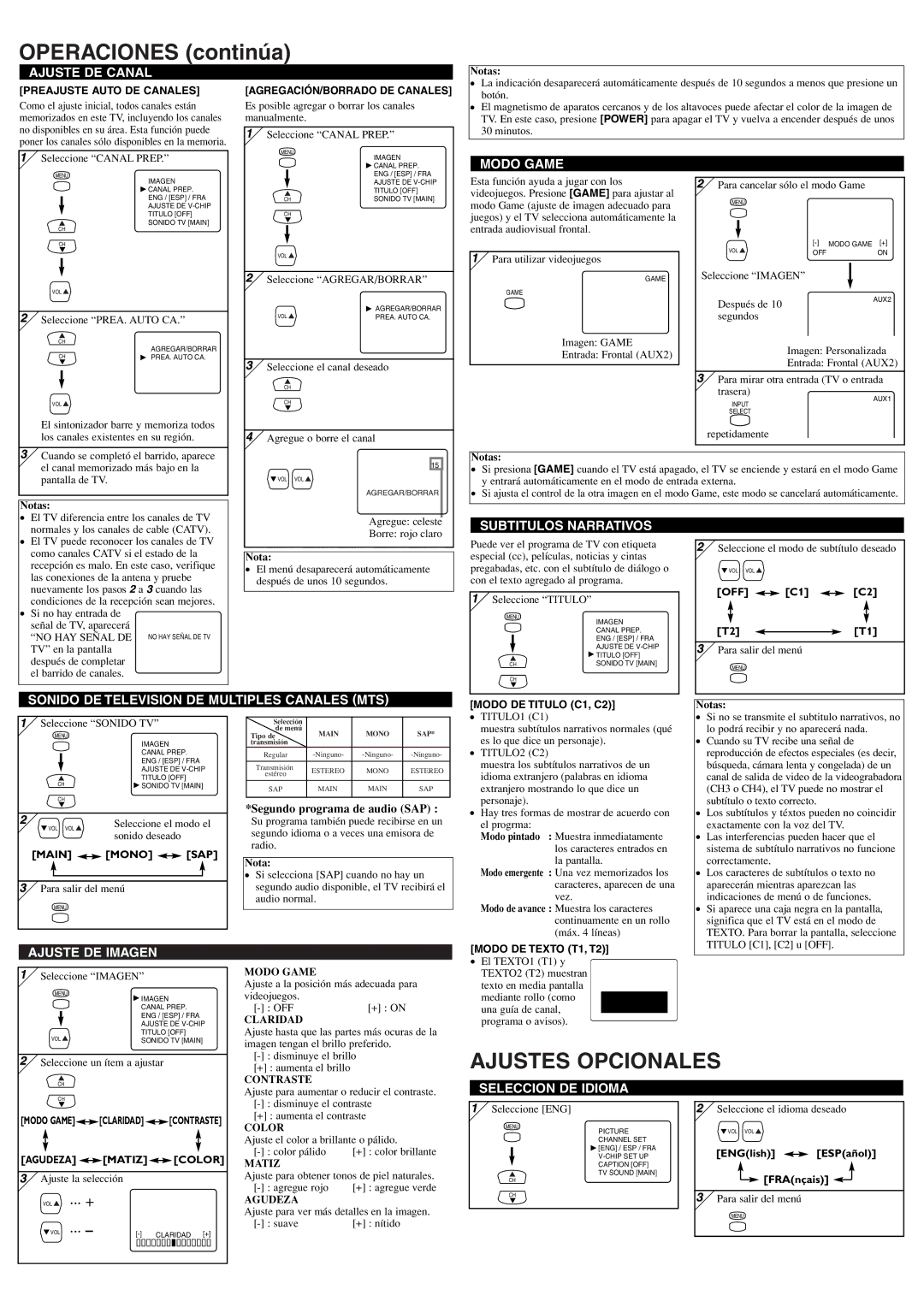 FUNAI DWT2704A owner manual Operaciones continúa, Ajustes Opcionales 