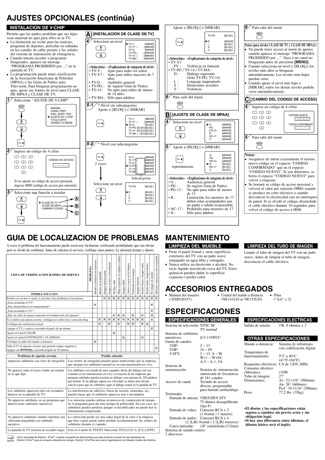 FUNAI DWT2704A owner manual Ajustes Opcionales continúa, Guia DE Localizacion DE Problemas, Mantenimiento, Especificaciones 