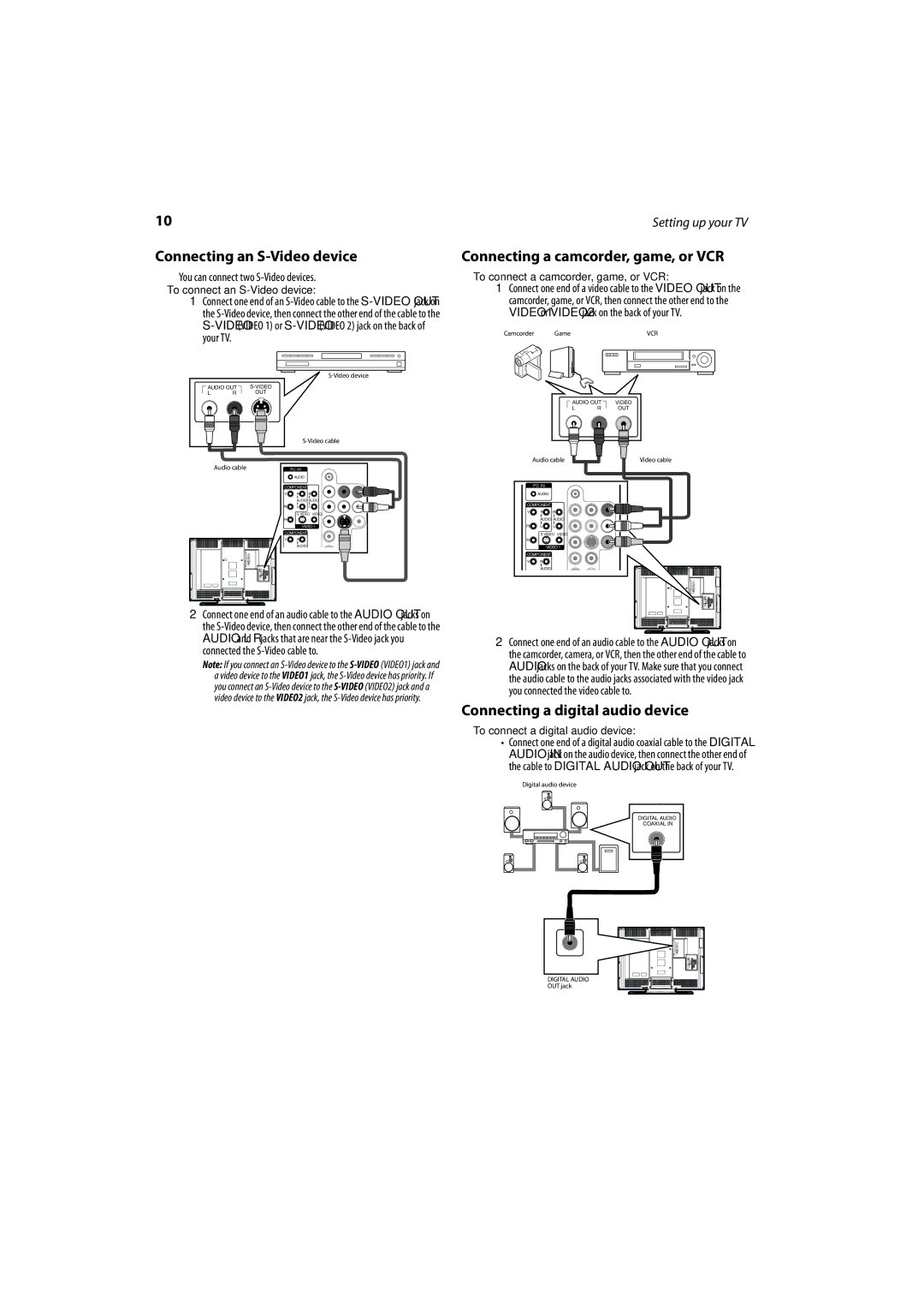 FUNAI DX-LCD37-09 Connecting an S-Video device, Connecting a camcorder, game, or VCR, Connecting a digital audio device 