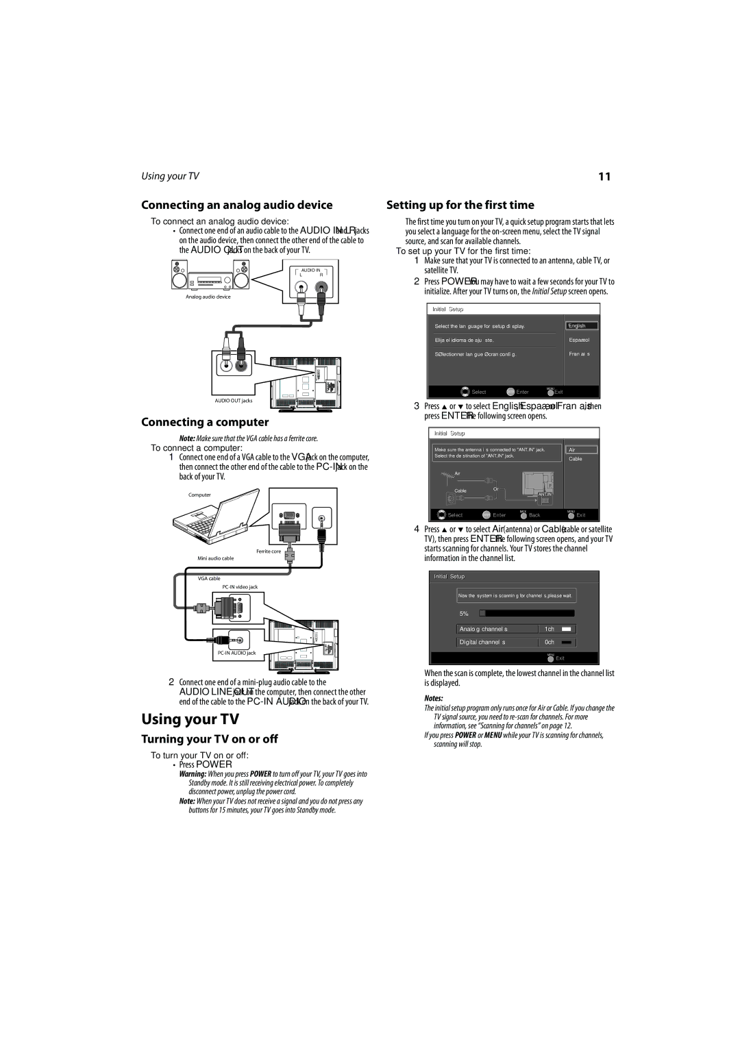 FUNAI DX-LCD37-09 Using your TV, Connecting an analog audio device, Connecting a computer Setting up for the first time 