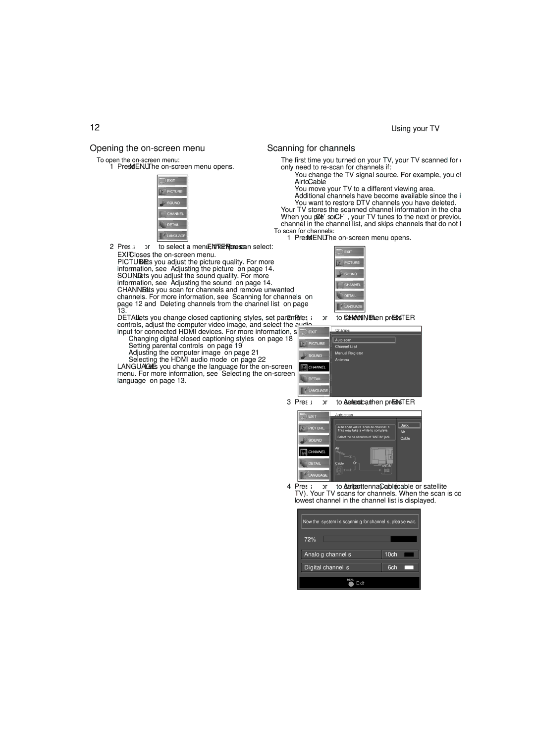 FUNAI DX-LCD37-09 manual Opening the on-screen menu, Scanning for channels, Press MENU. The on-screen menu opens 