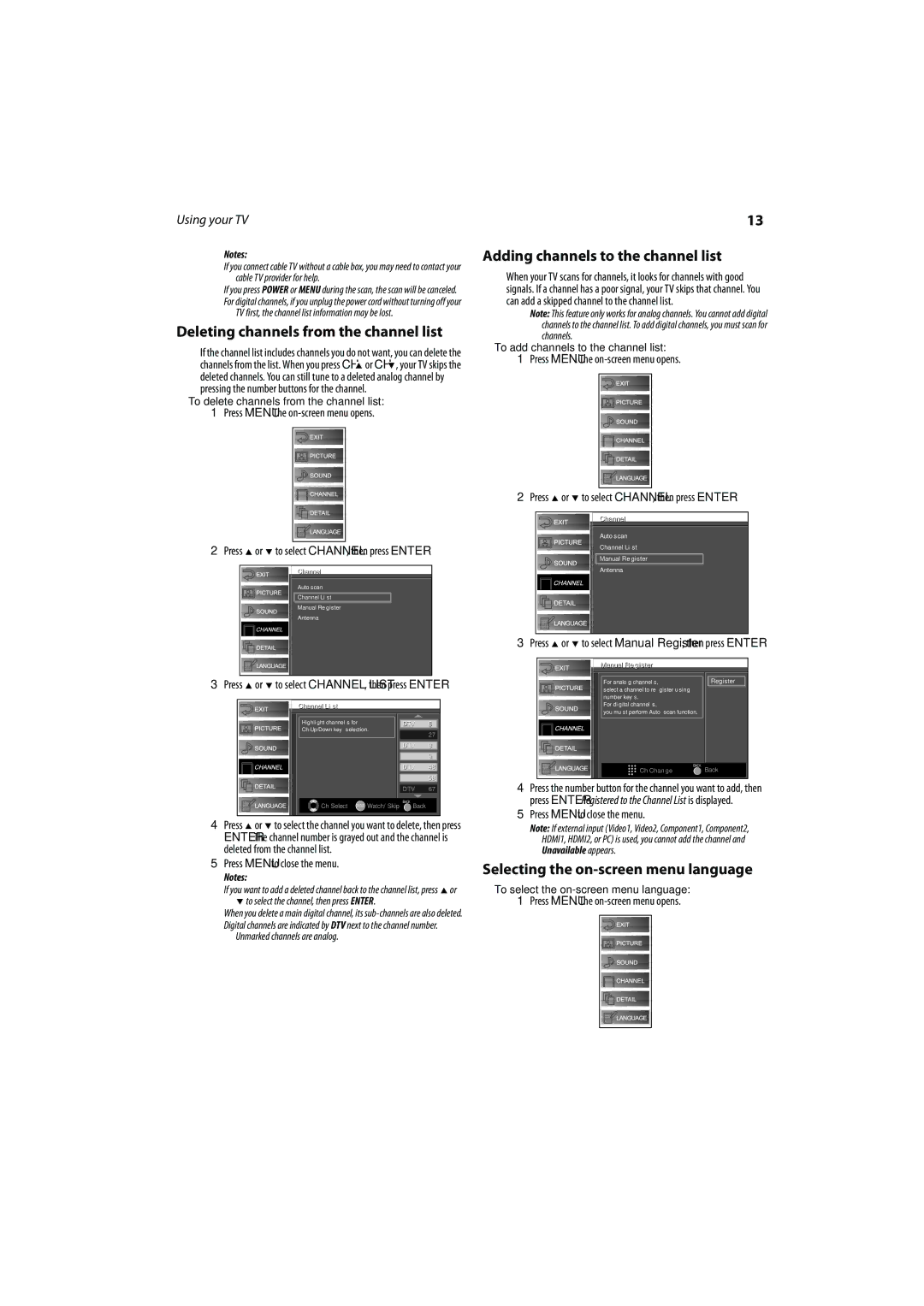 FUNAI DX-LCD37-09 manual Deleting channels from the channel list, Adding channels to the channel list 