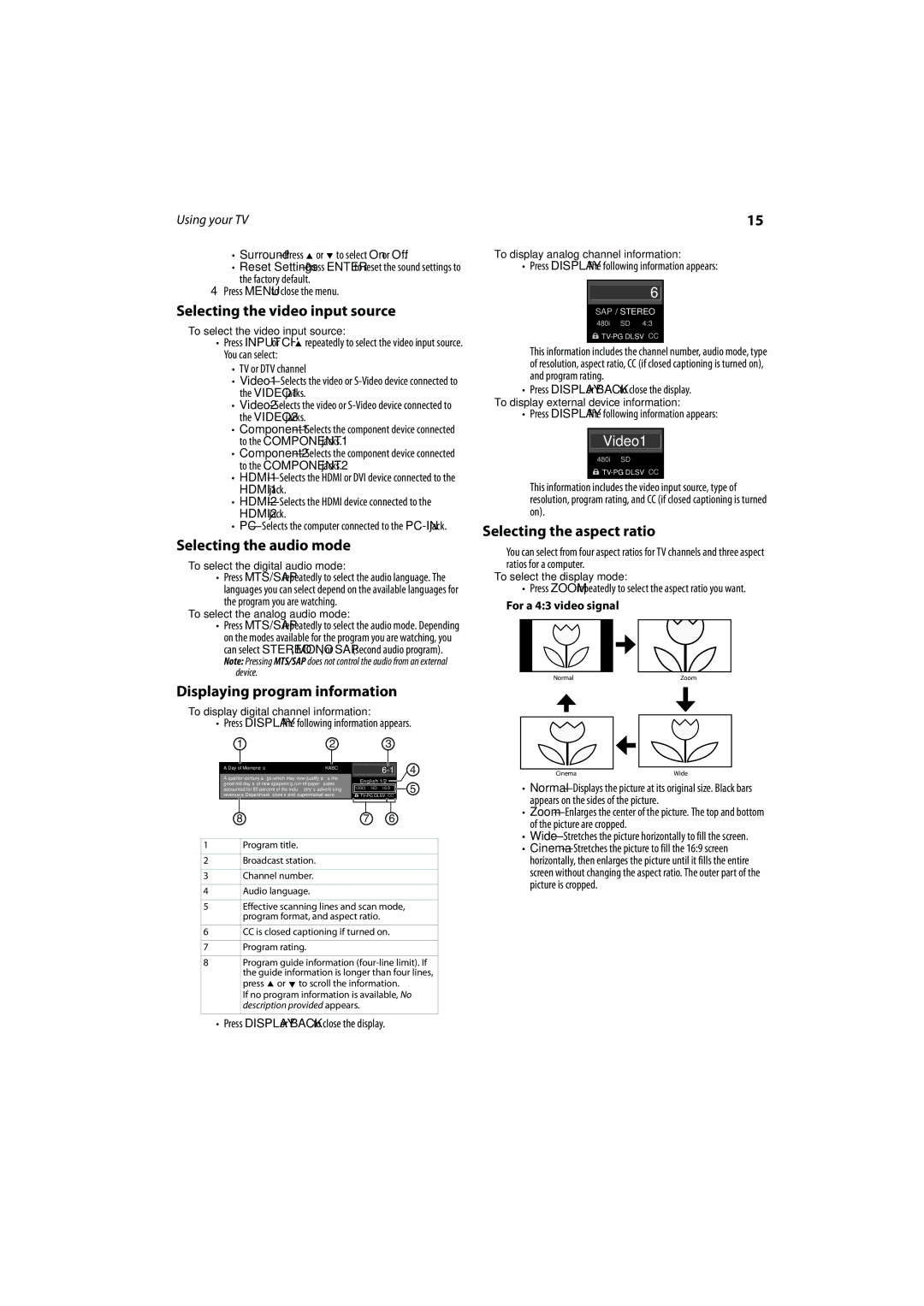 FUNAI DX-LCD37-09 manual Selecting the video input source, Selecting the audio mode, Displaying program information 