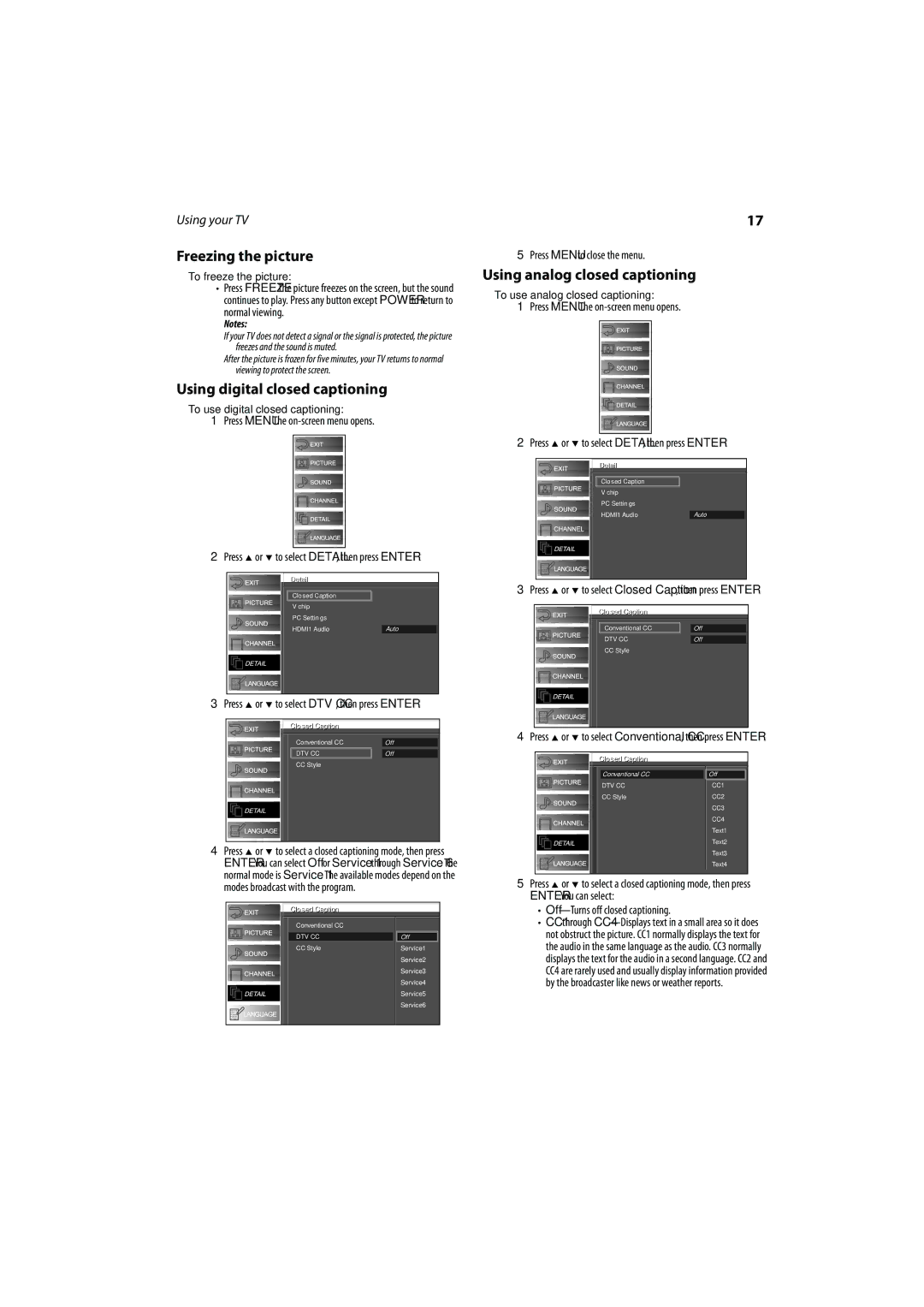 FUNAI DX-LCD37-09 manual Freezing the picture, Using digital closed captioning, Using analog closed captioning 