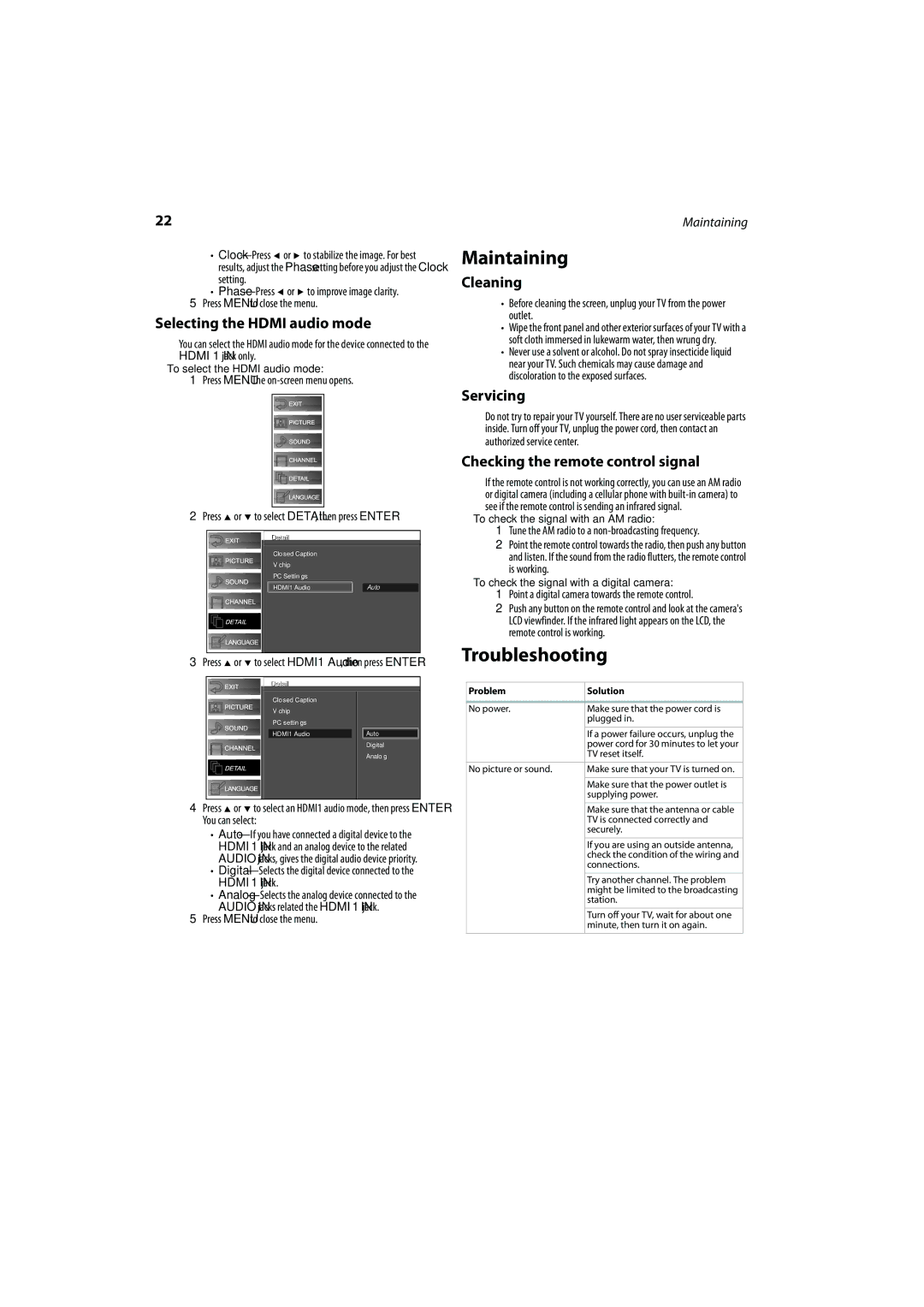 FUNAI DX-LCD37-09 manual Maintaining, Troubleshooting 