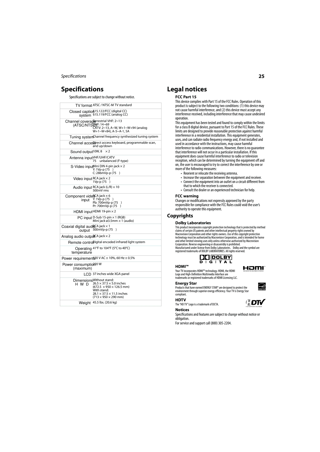 FUNAI DX-LCD37-09 manual Specifications, Legal notices, Copyrights 