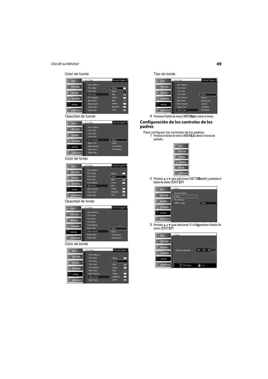 FUNAI DX-LCD37-09 manual Configuración de los controles de los padres, Color de fuente, Opacidad de fuente, Color de fondo 