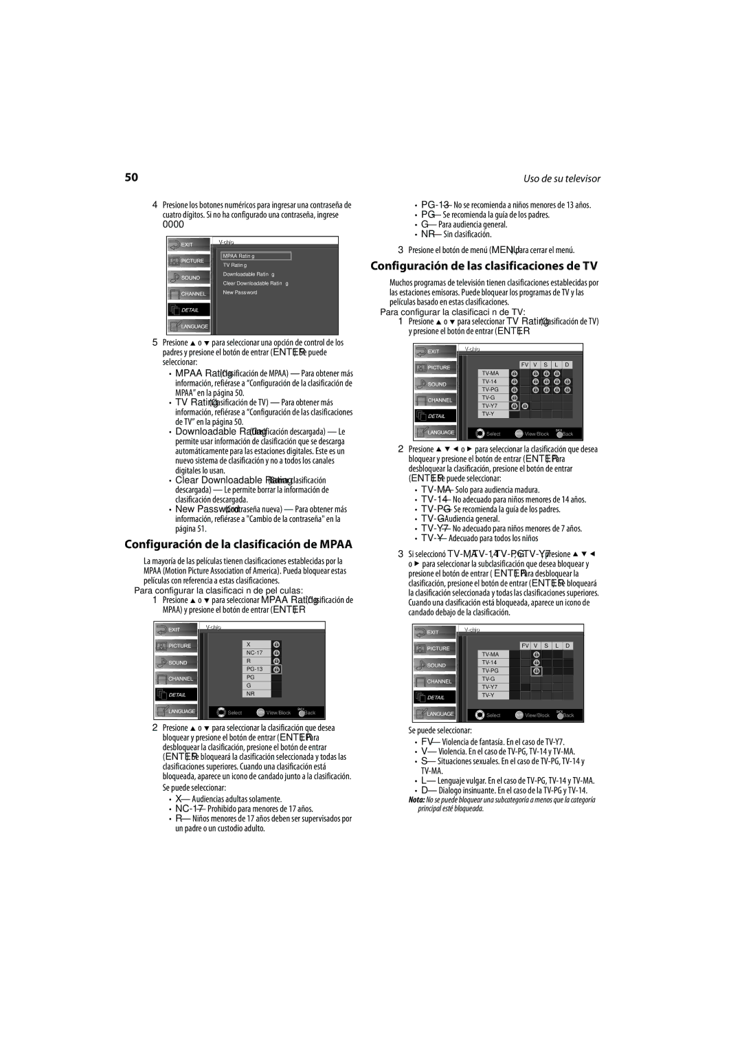 FUNAI DX-LCD37-09 manual Configuración de las clasificaciones de TV, Audiencias adultas solamente 