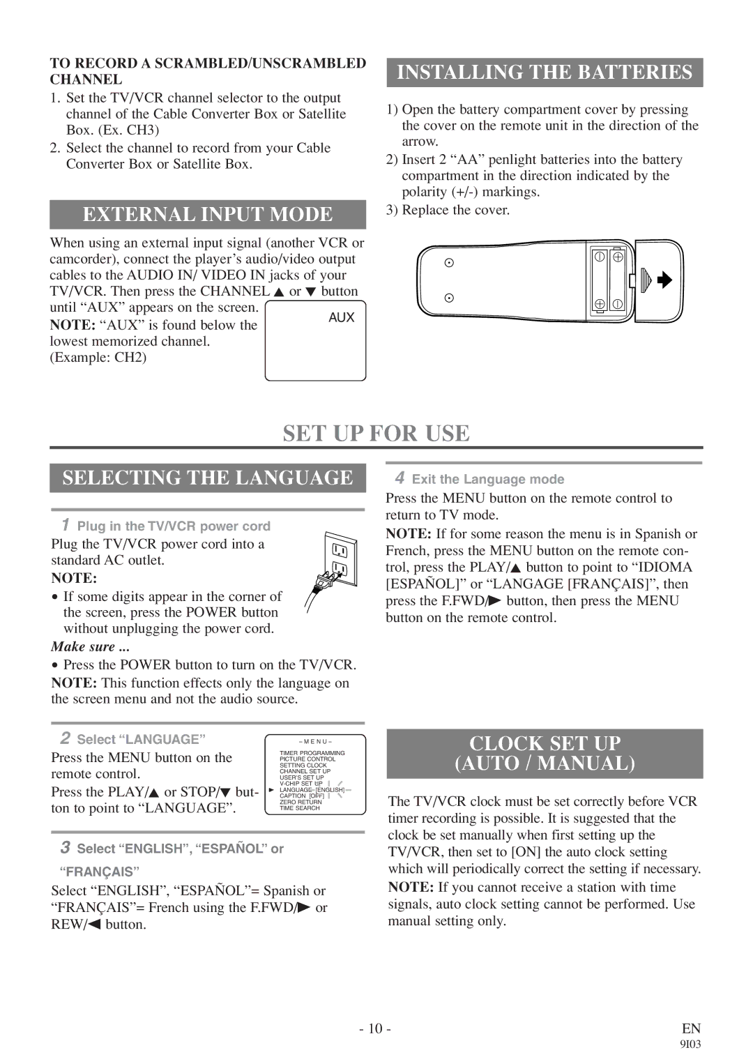 FUNAI EC313E owner manual SET UP for USE, External Input Mode, Installing the Batteries, Selecting the Language 