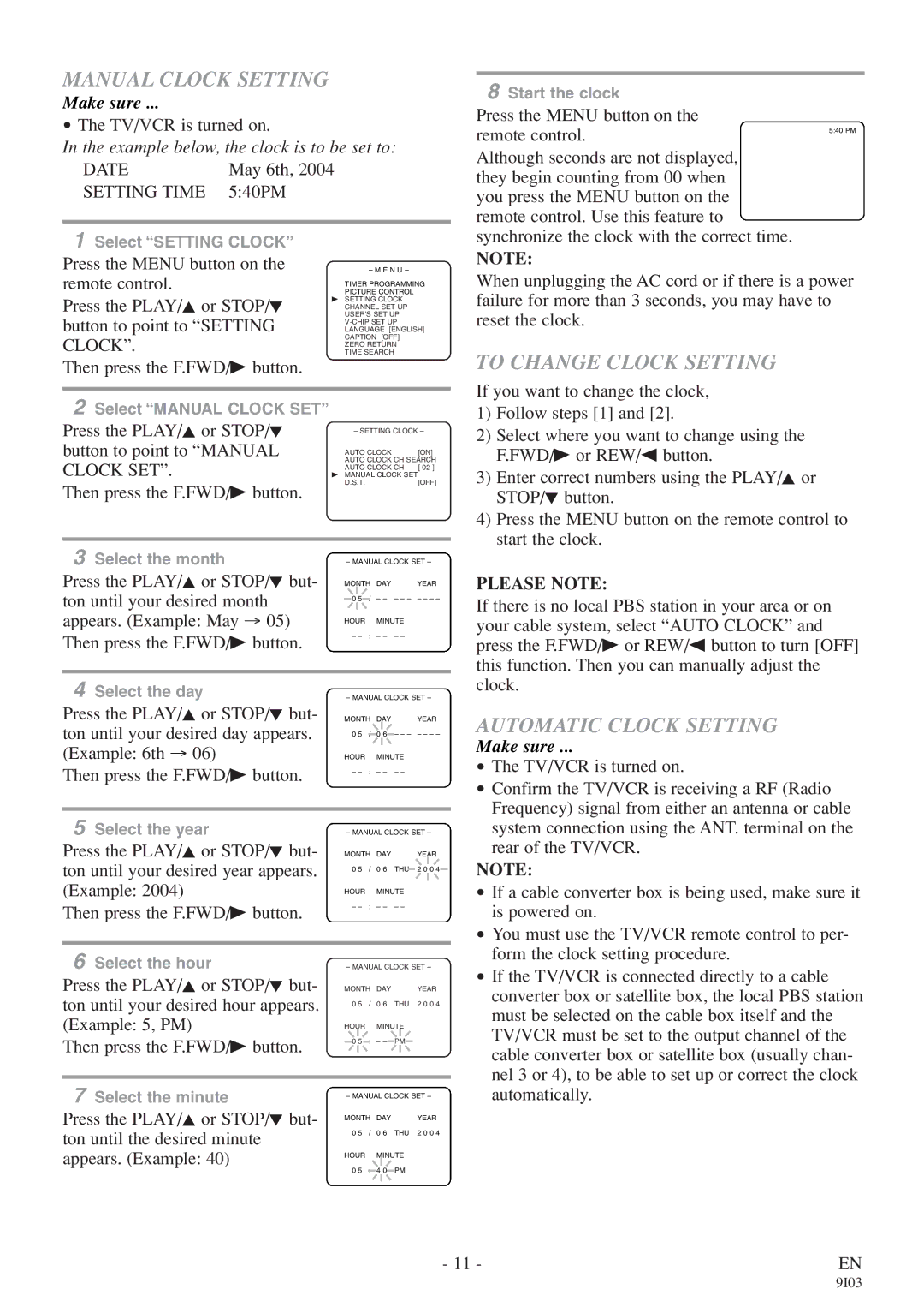 FUNAI EC313E owner manual Manual Clock Setting, To Change Clock Setting, Automatic Clock Setting, Please Note 