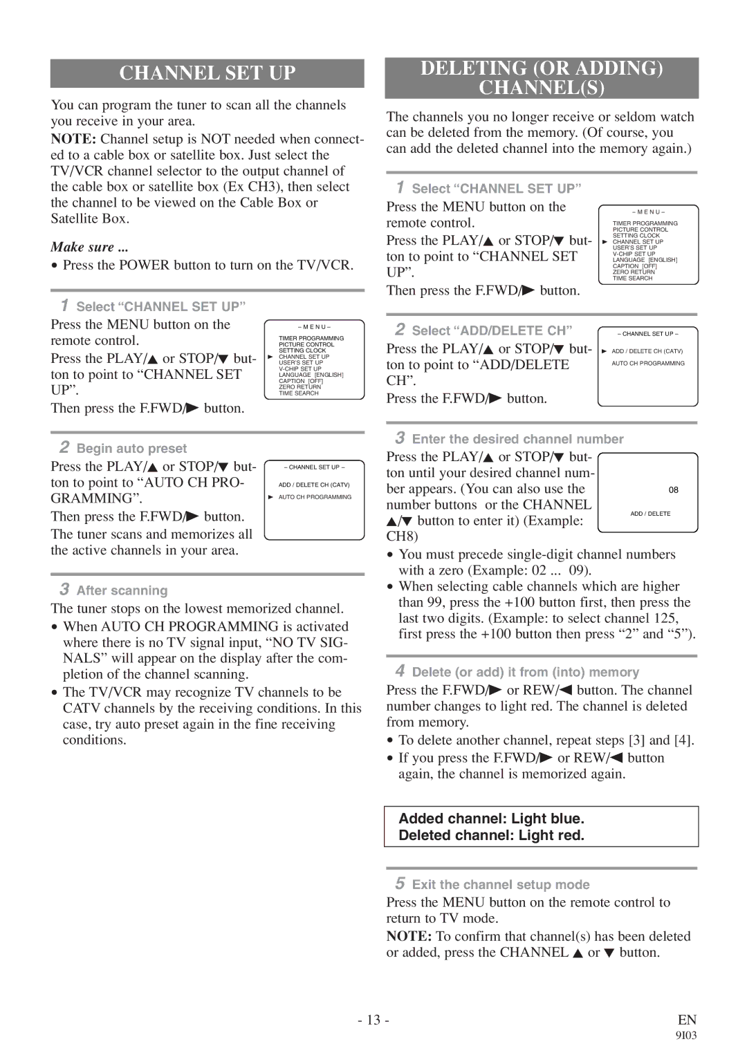 FUNAI EC313E owner manual Channel SET UP, Deleting or Adding Channels 