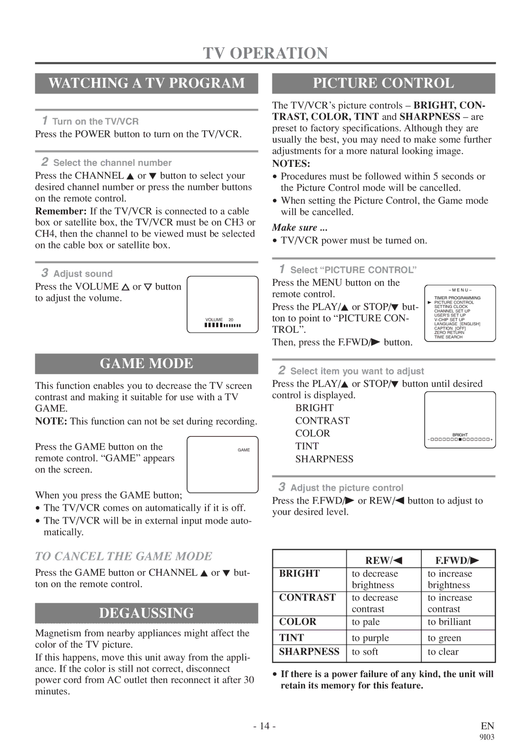 FUNAI EC313E owner manual TV Operation, Watching a TV Program, Picture Control, Game Mode, Degaussing 