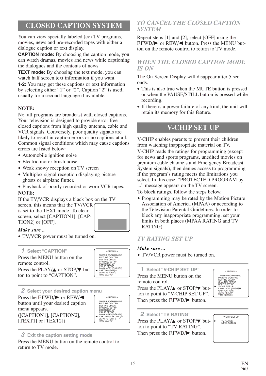 FUNAI EC313E Chip SET UP, To Cancel the Closed Caption System, When the Closed Caption Mode is on, TV Rating SET UP 