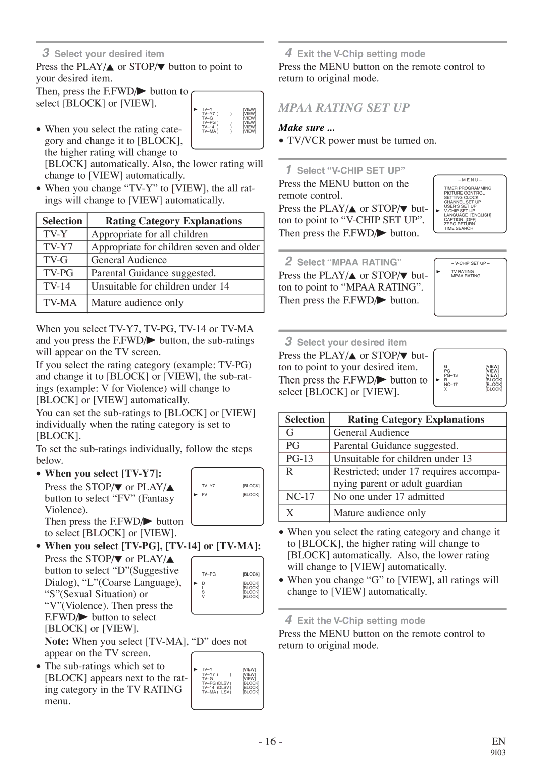 FUNAI EC313E owner manual Mpaa Rating SET UP, Selection Rating Category Explanations, When you select TV-Y7 