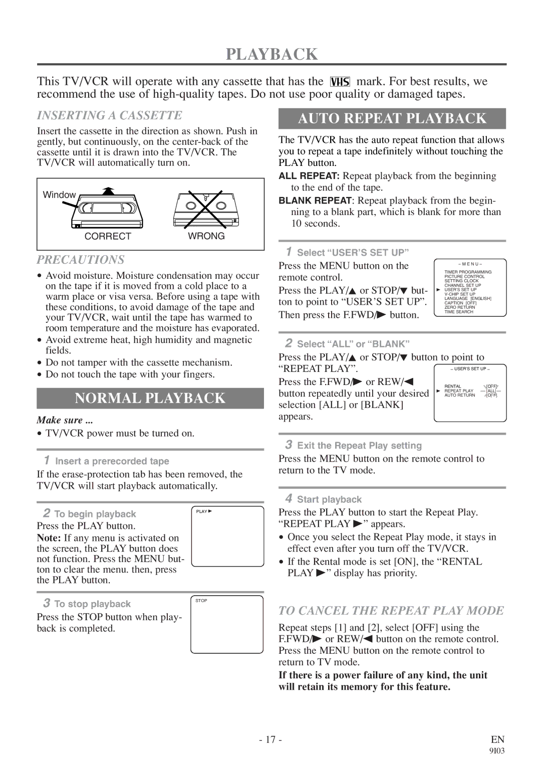 FUNAI EC313E owner manual Auto Repeat Playback, Normal Playback 