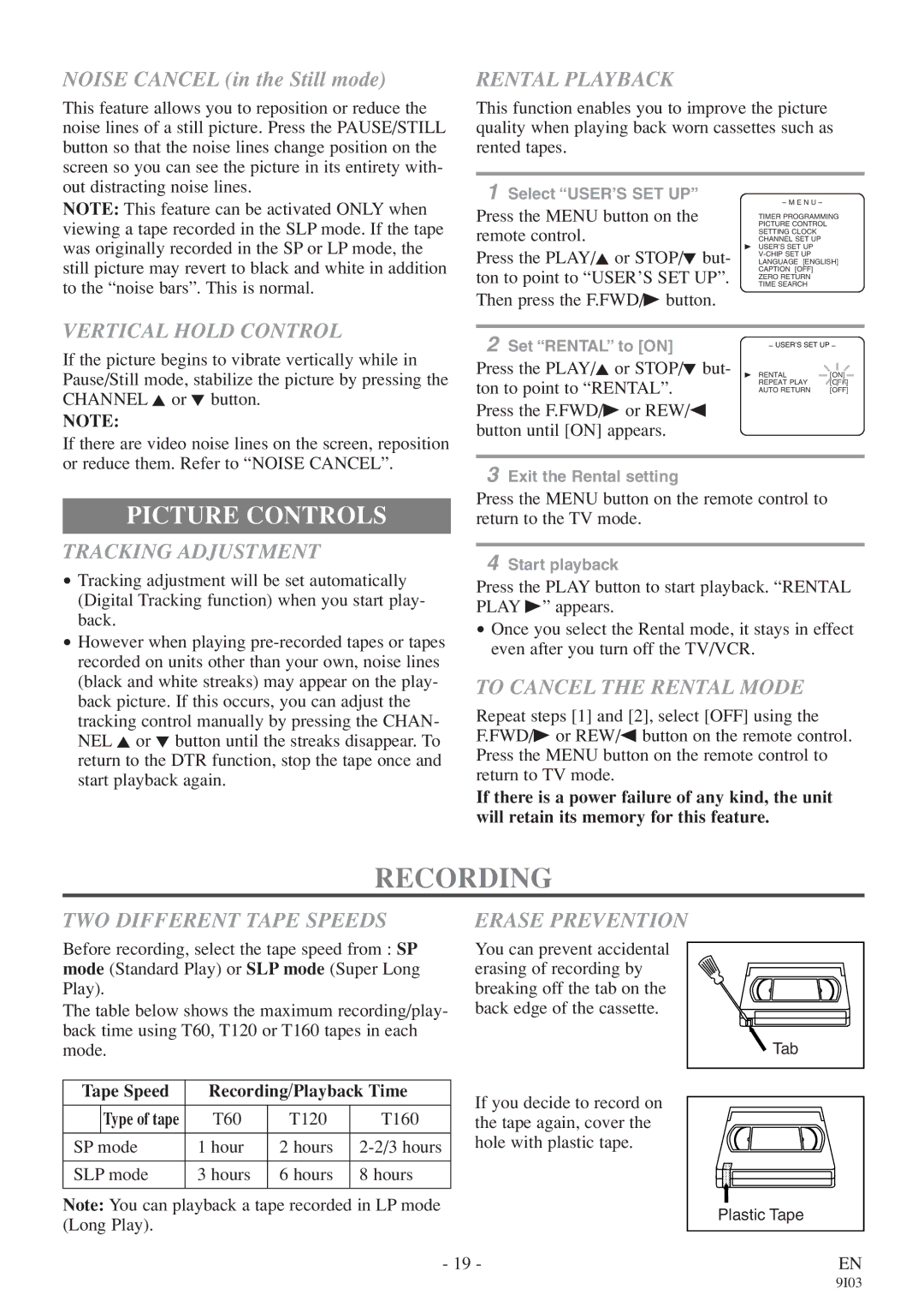 FUNAI EC313E owner manual Recording, Picture Controls 