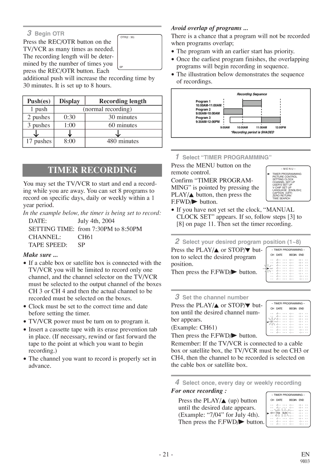 FUNAI EC313E Timer Recording, Pushes Display Recording length, Channel CH61 Tape Speed SP, Avoid overlap of programs 