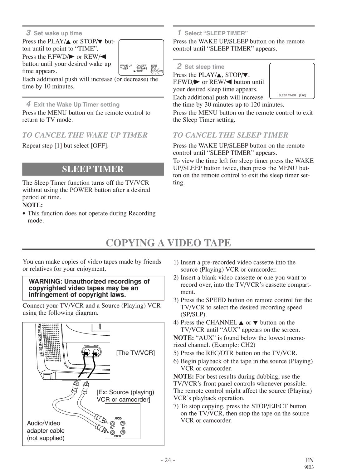 FUNAI EC313E owner manual Copying a Video Tape, To Cancel the Wake UP Timer, To Cancel the Sleep Timer 