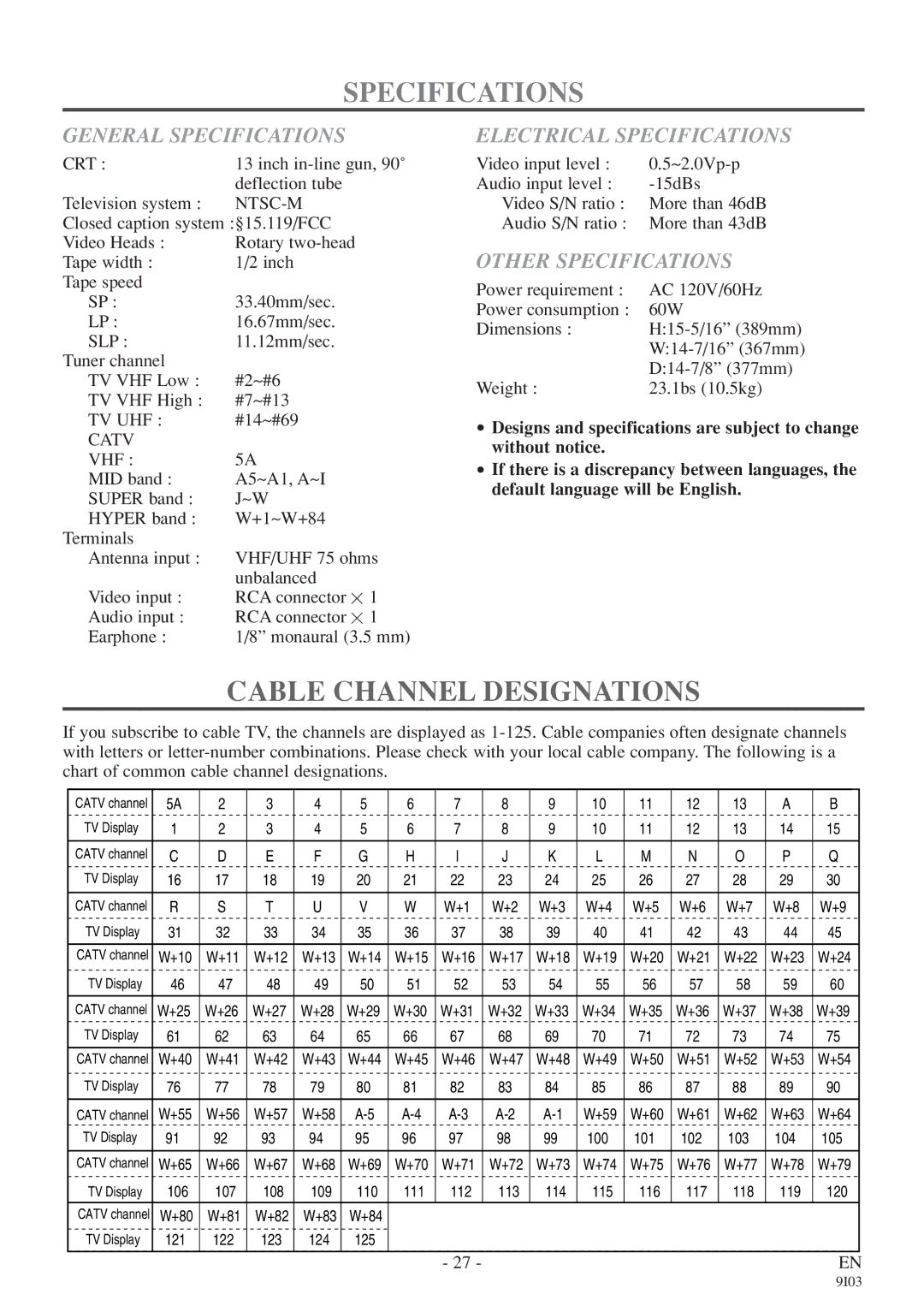 FUNAI EC313E Cable Channel Designations, General Specifications, Electrical Specifications, Other Specifications 