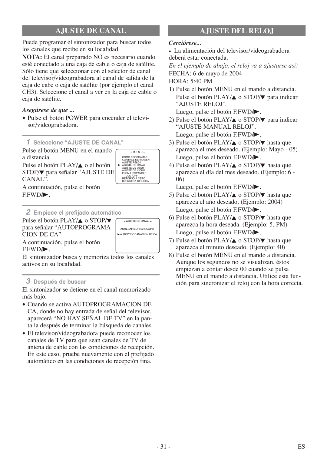 FUNAI EC313E owner manual Cerciórese, Ajuste Reloj, Ajuste Manual Reloj, Cion DE CA, Fwd/B 