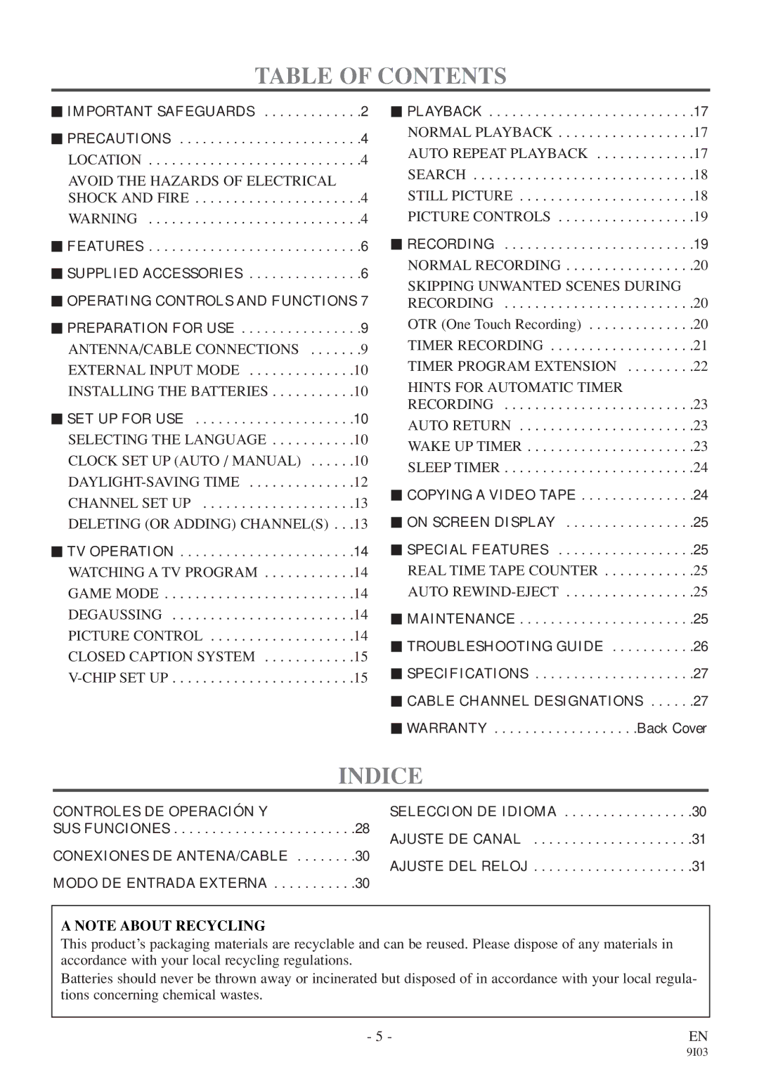 FUNAI EC313E owner manual Table of Contents, Indice 