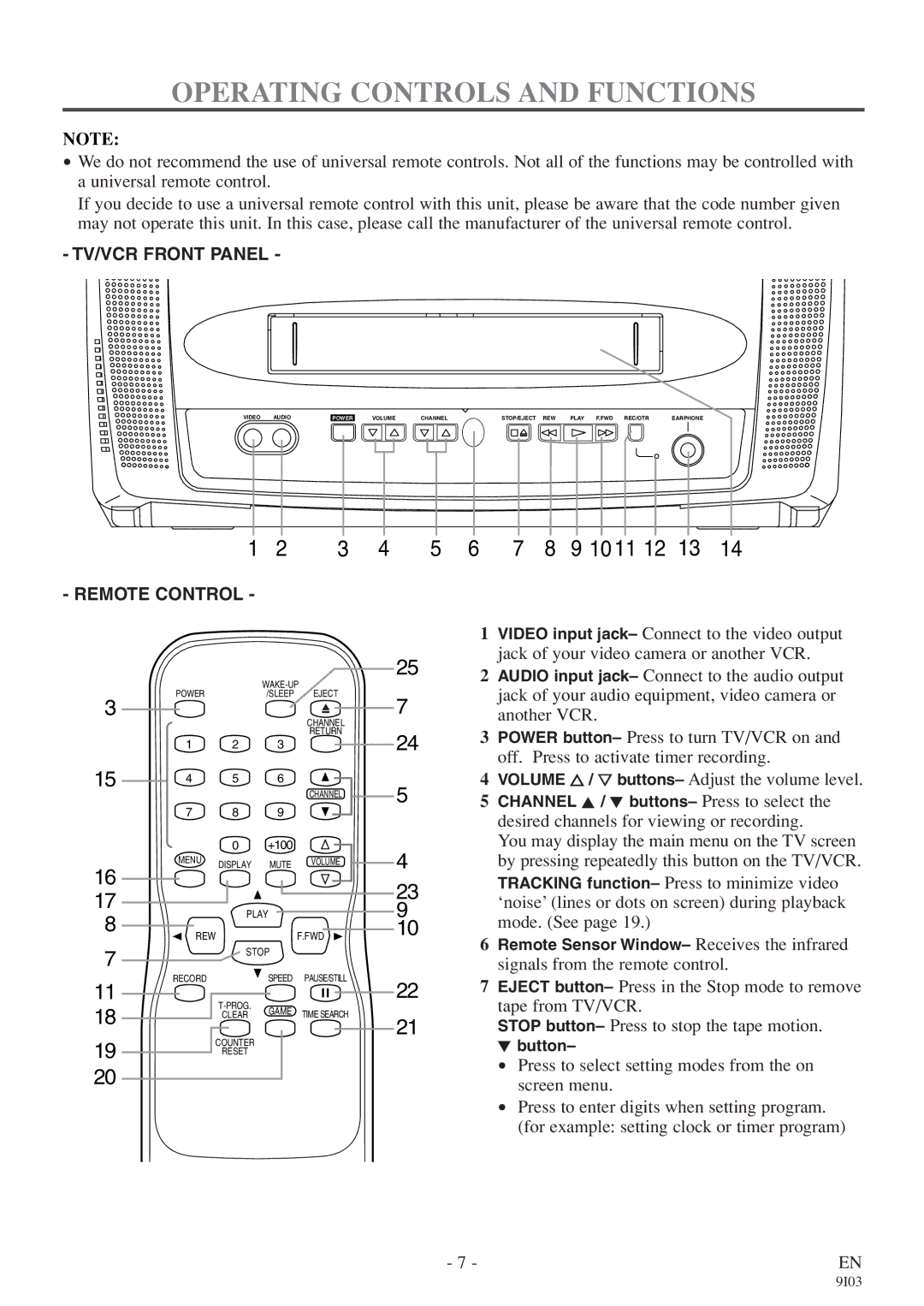 FUNAI EC313E owner manual Operating Controls and Functions, 10 11 