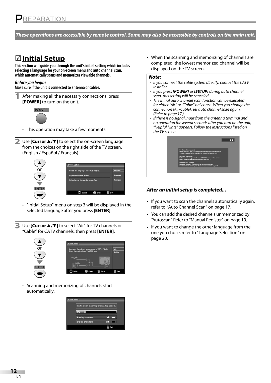 FUNAI ELC320EM9 owner manual 5Initial Setup, Before you begin, After an initial setup is completed 