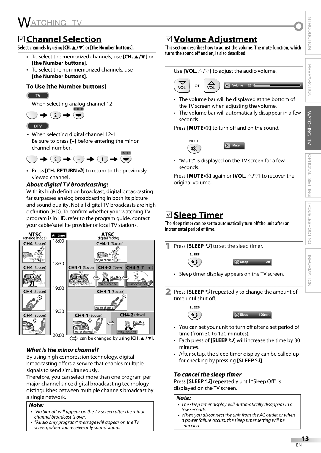 FUNAI ELC320EM9 owner manual Watching TV, 5Channel Selection, 5Volume Adjustment, 5Sleep Timer 