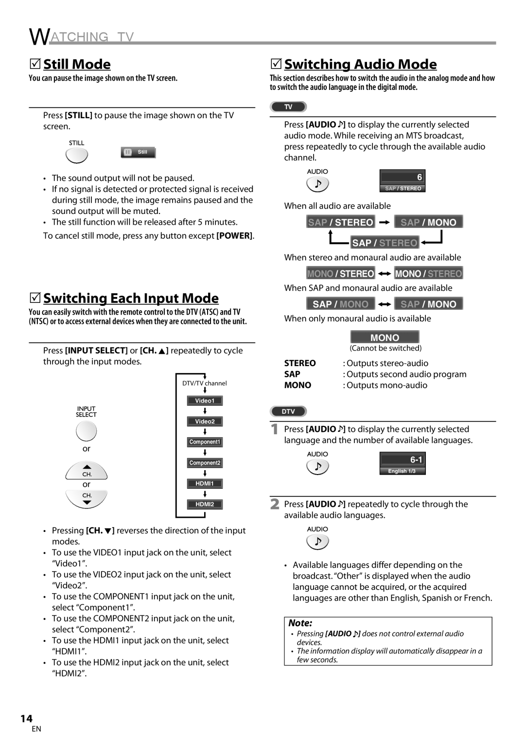 FUNAI ELC320EM9 owner manual 5Still Mode, 5Switching Each Input Mode, 5Switching Audio Mode 