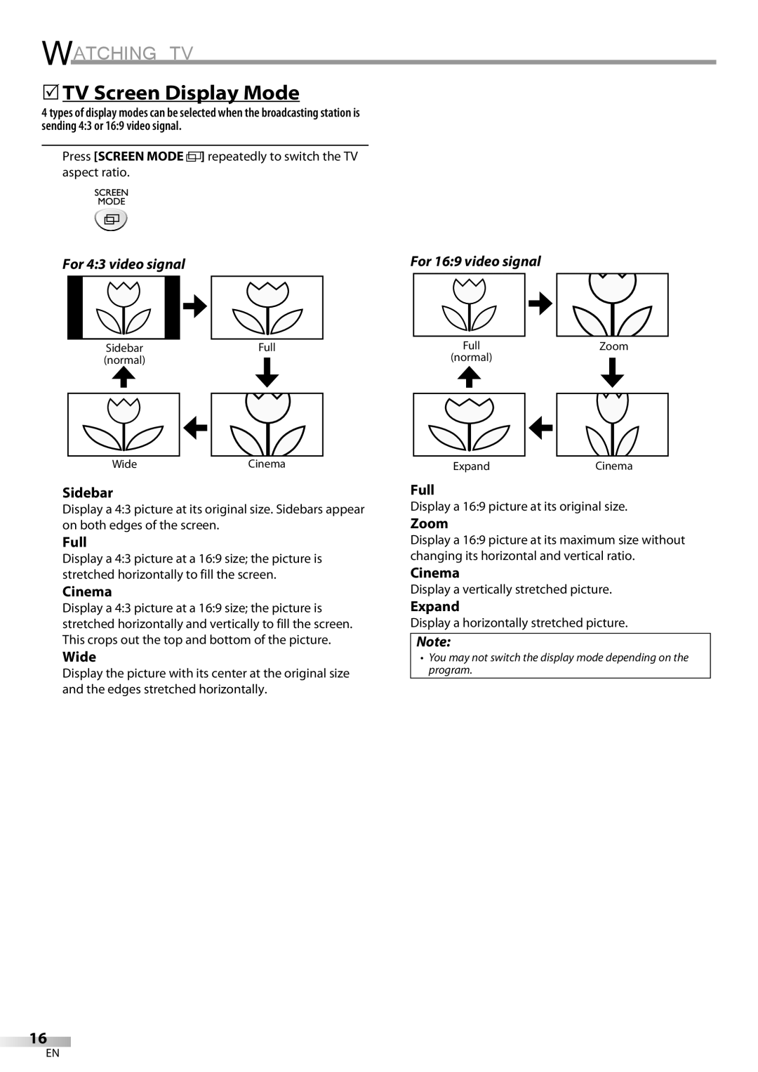 FUNAI ELC320EM9 owner manual 5TV Screen Display Mode, For 43 video signal, For 169 video signal 