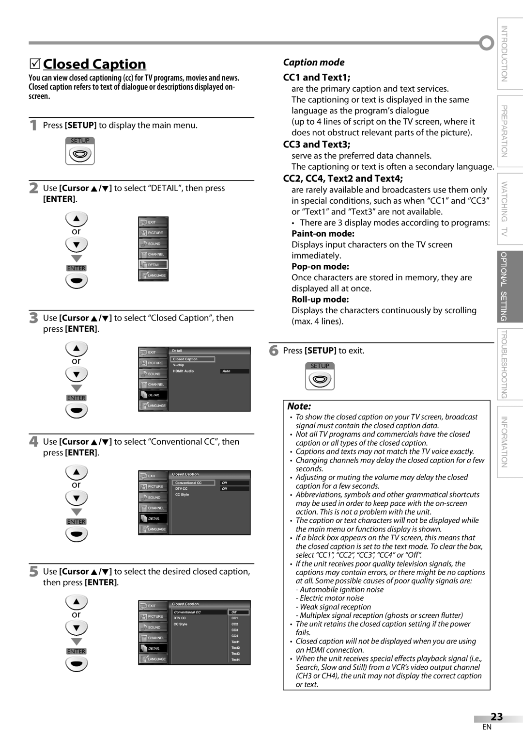 FUNAI ELC320EM9 owner manual 5Closed Caption, CC1 and Text1, Caption mode, CC3 and Text3, CC2, CC4, Text2 and Text4 