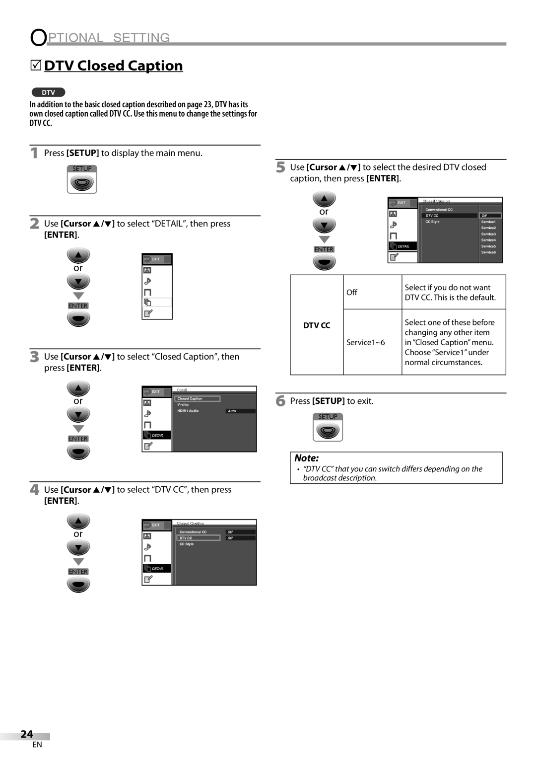 FUNAI ELC320EM9 owner manual 5DTV Closed Caption, Dtv Cc, Use Cursor K/L to select DTV CC, then press Enter 