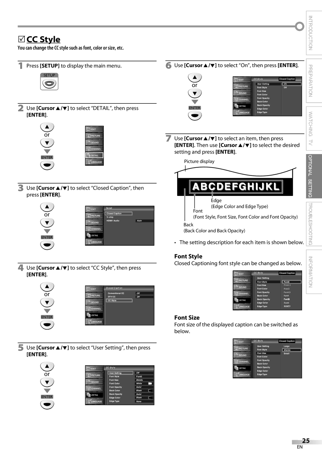 FUNAI ELC320EM9 owner manual 5CC Style, Font Size, Use Cursor K/L to select CC Style, then press Enter 