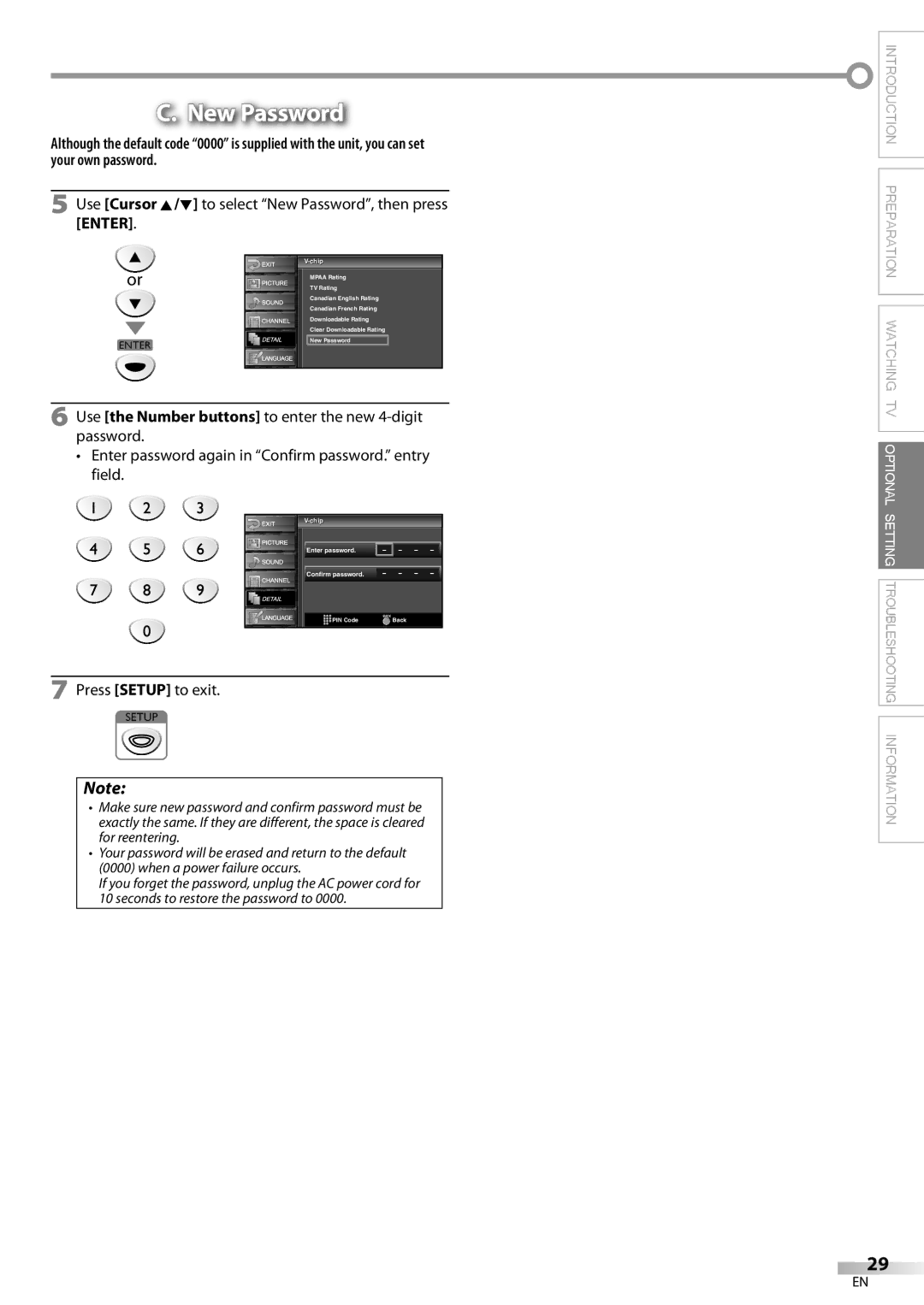 FUNAI ELC320EM9 Use Cursor K/L to select New Password, then press Enter, Chipip Enter password Confirm password 