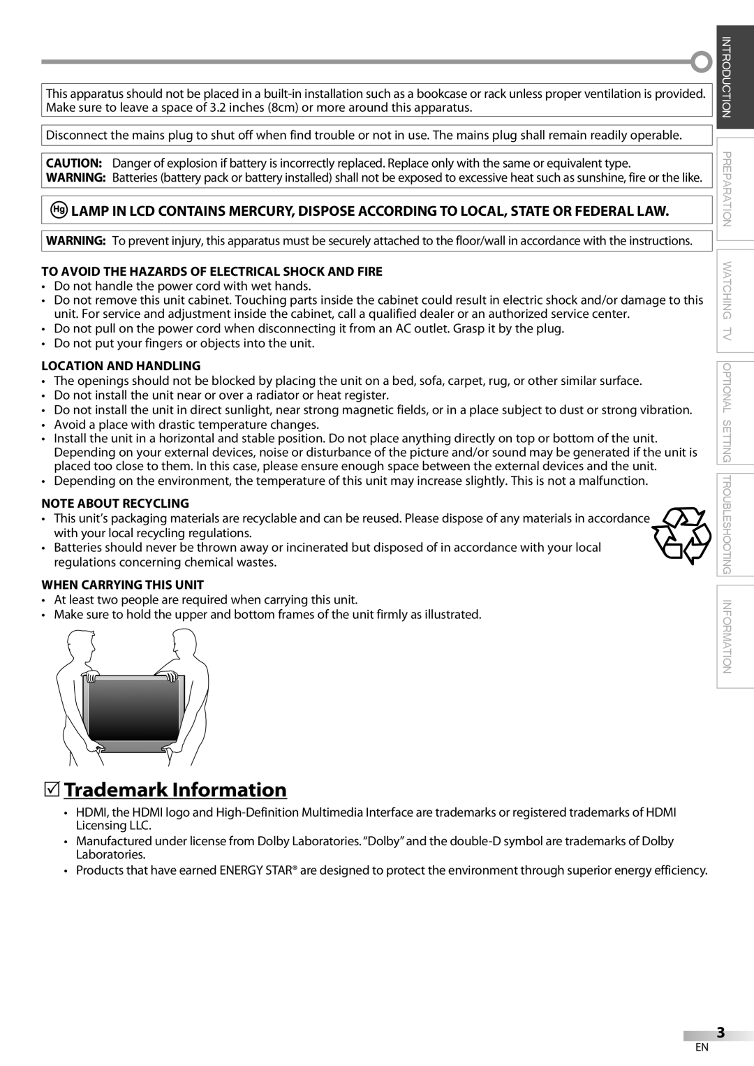 FUNAI ELC320EM9 owner manual 5Trademark Information, Do not handle the power cord with wet hands, Location and Handling 