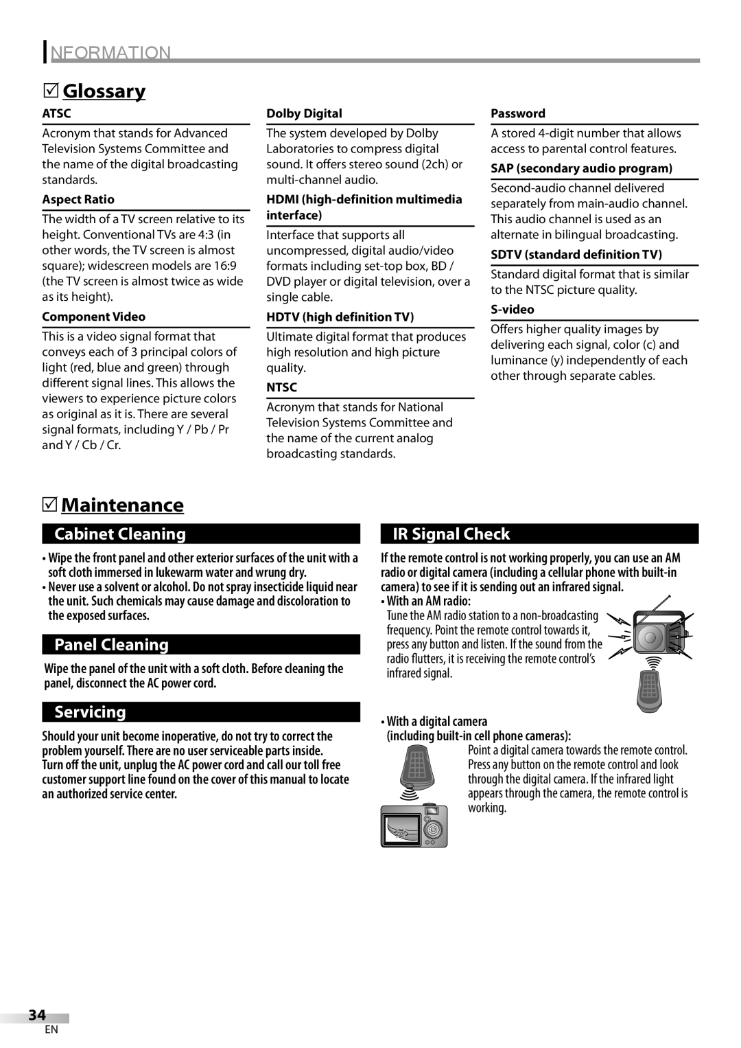 FUNAI ELC320EM9 owner manual Information, Glossary, Maintenance, With an AM radio 