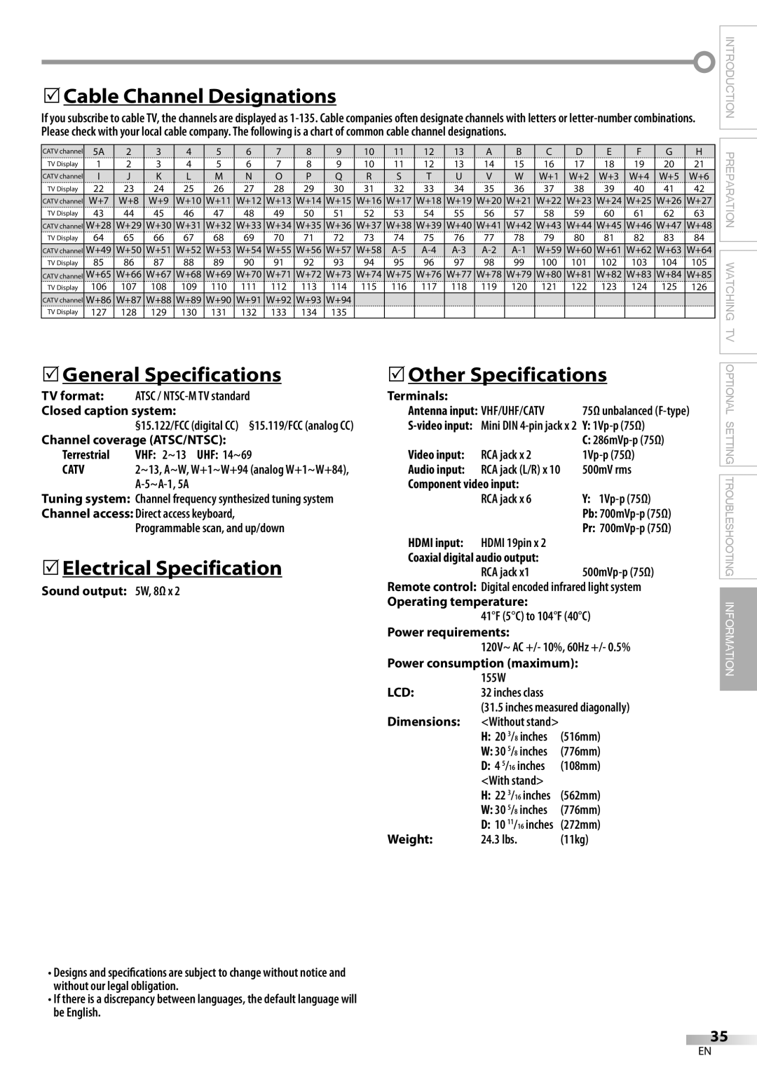 FUNAI ELC320EM9 5Cable Channel Designations, 5General Specifications, 5Electrical Specification, 5Other Specifications 