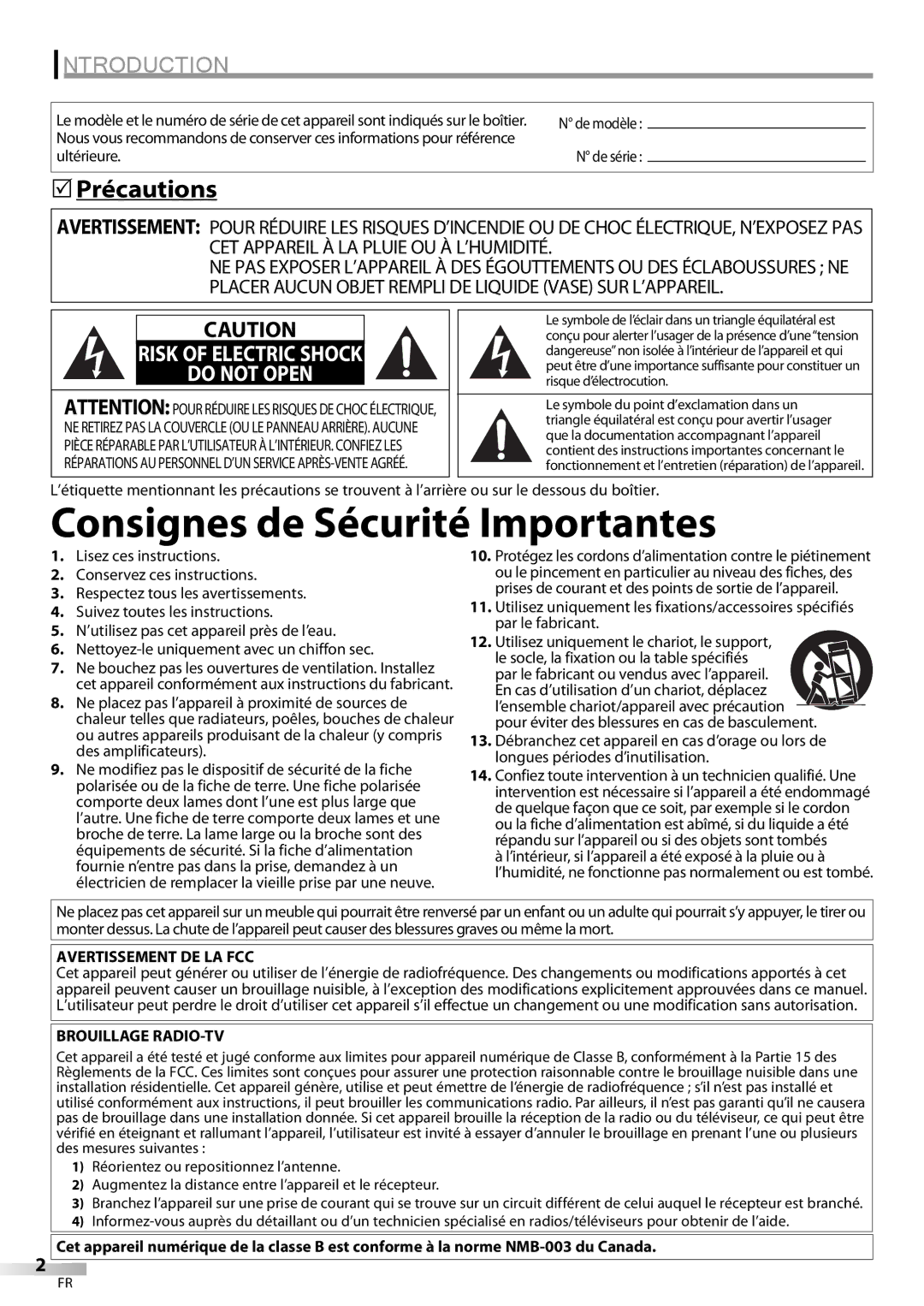 FUNAI ELC320EM9 owner manual Précautions, Ultérieure, Avertissement DE LA FCC, Brouillage RADIO-TV 