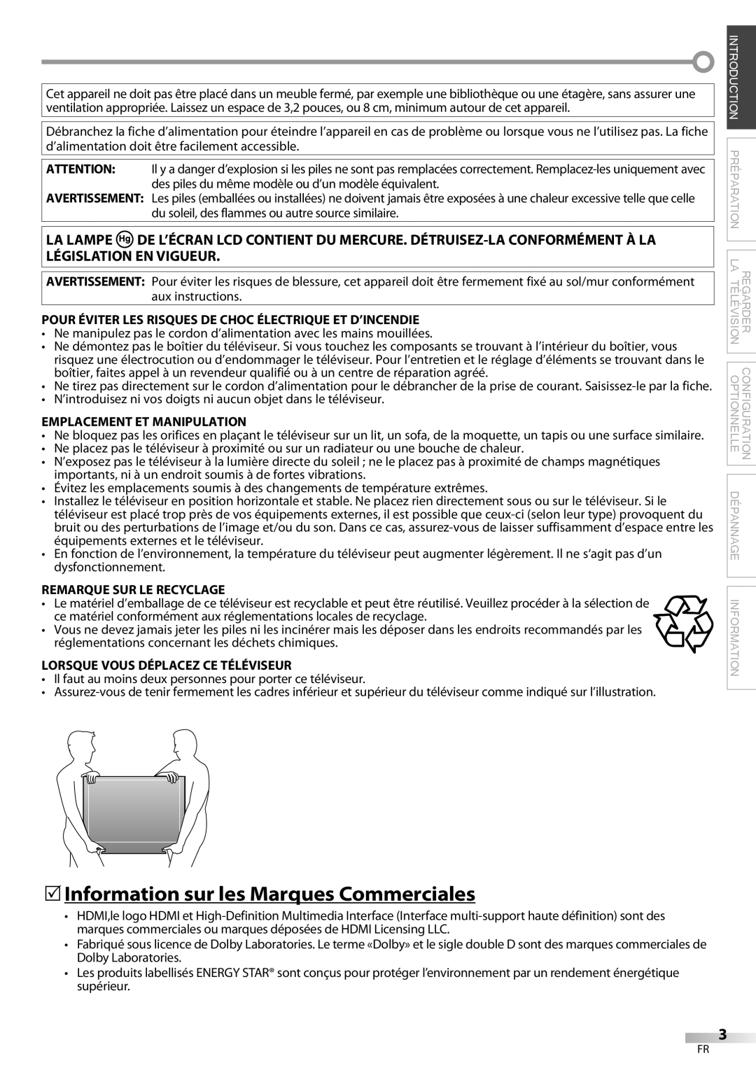 FUNAI ELC320EM9 5Information sur les Marques Commerciales, Pour Éviter LES Risques DE Choc Électrique ET D’INCENDIE 