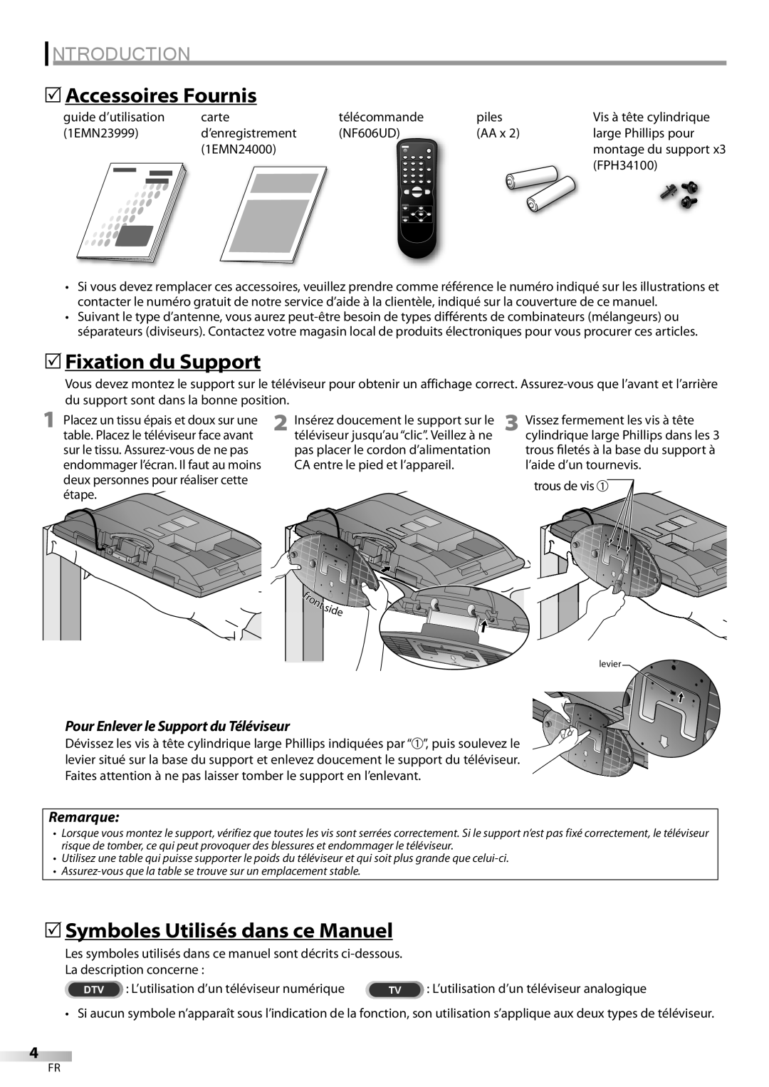 FUNAI ELC320EM9 owner manual 5Accessoires Fournis, 5Fixation du Support, 5Symboles Utilisés dans ce Manuel, Remarque 