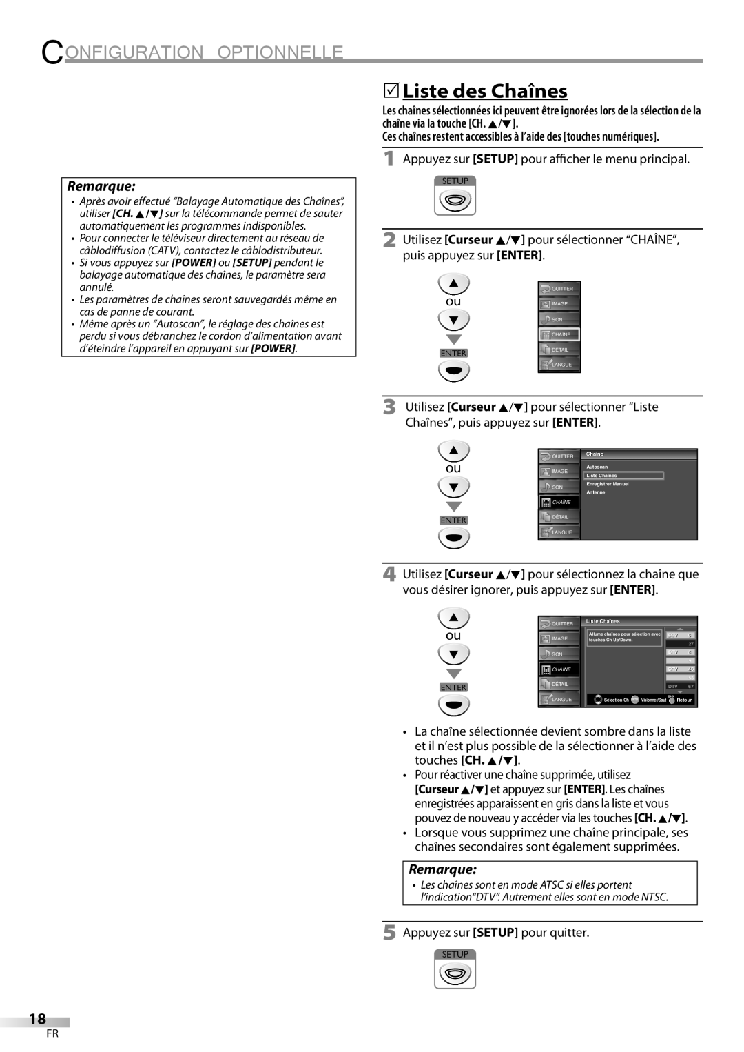 FUNAI ELC320EM9 owner manual Configuration Optionnelle, 5Liste des Chaînes, Appuyez sur Setup pour quitter, Listei Chaînesî 