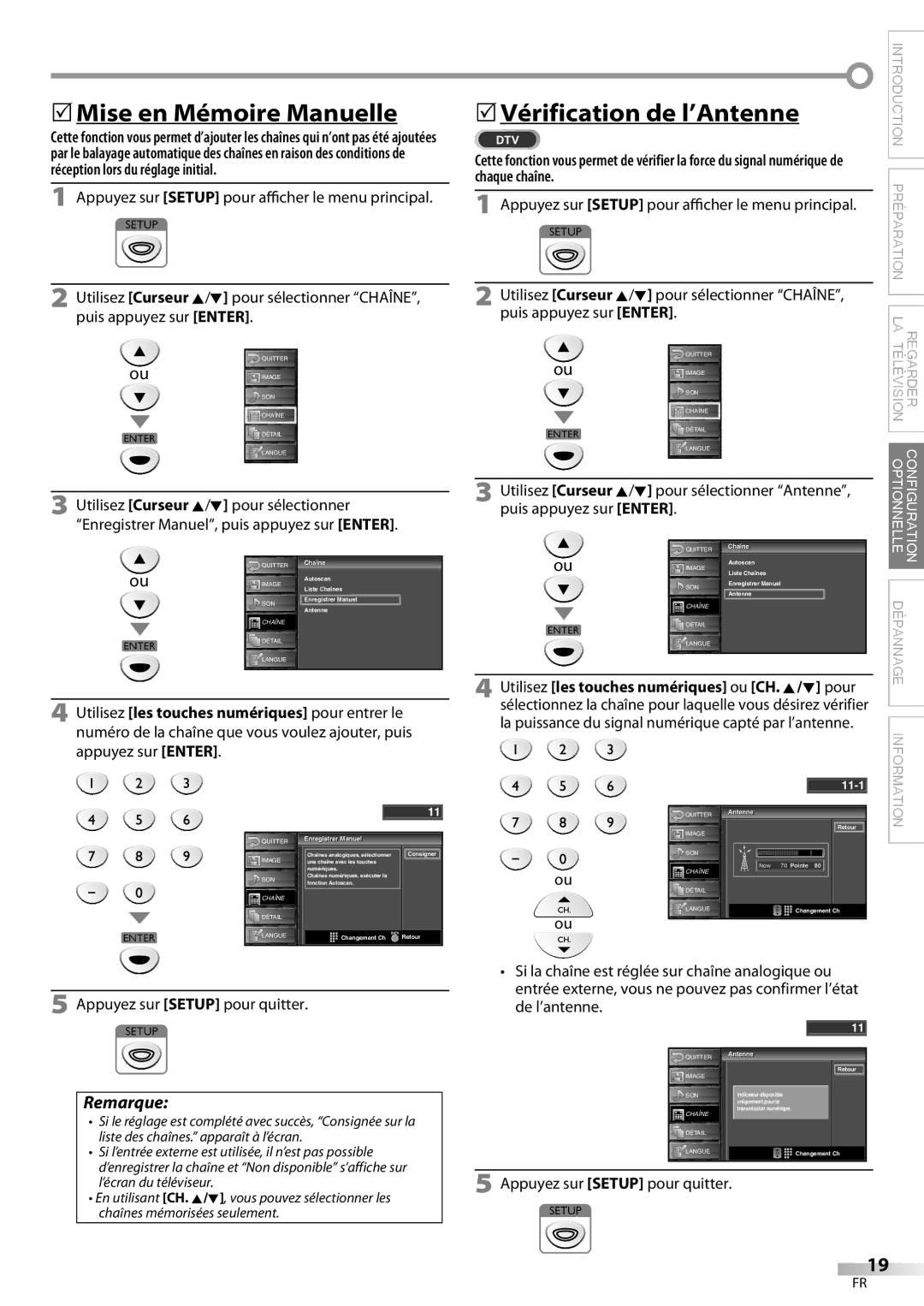 FUNAI ELC320EM9 owner manual 5Mise en Mémoire Manuelle, Appuyez sur Setup pour afficher le menu principal 