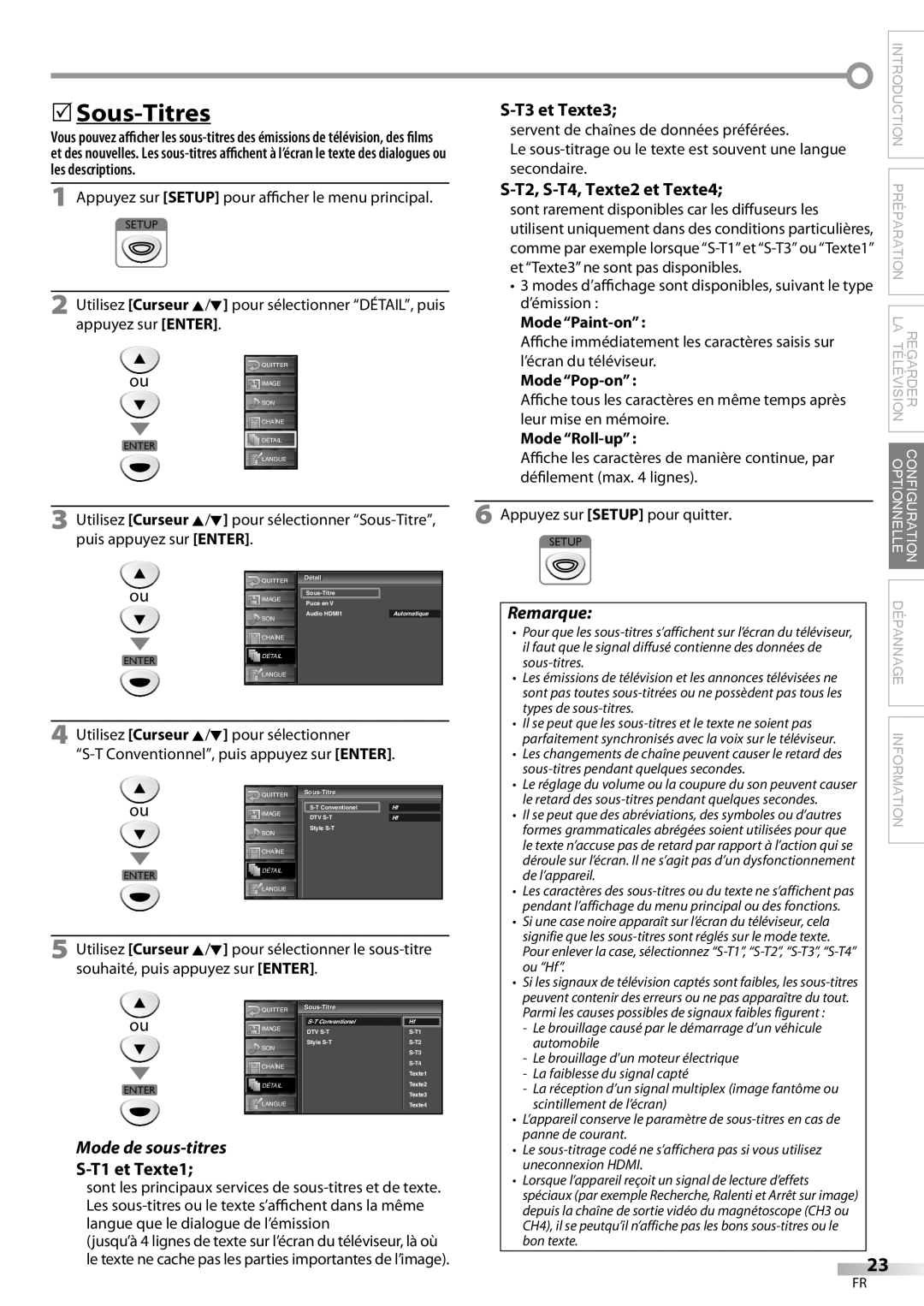 FUNAI ELC320EM9 owner manual Sous-Titres, Mode de sous-titres, T1 et Texte1, T3 et Texte3, T2, S-T4, Texte2 et Texte4 